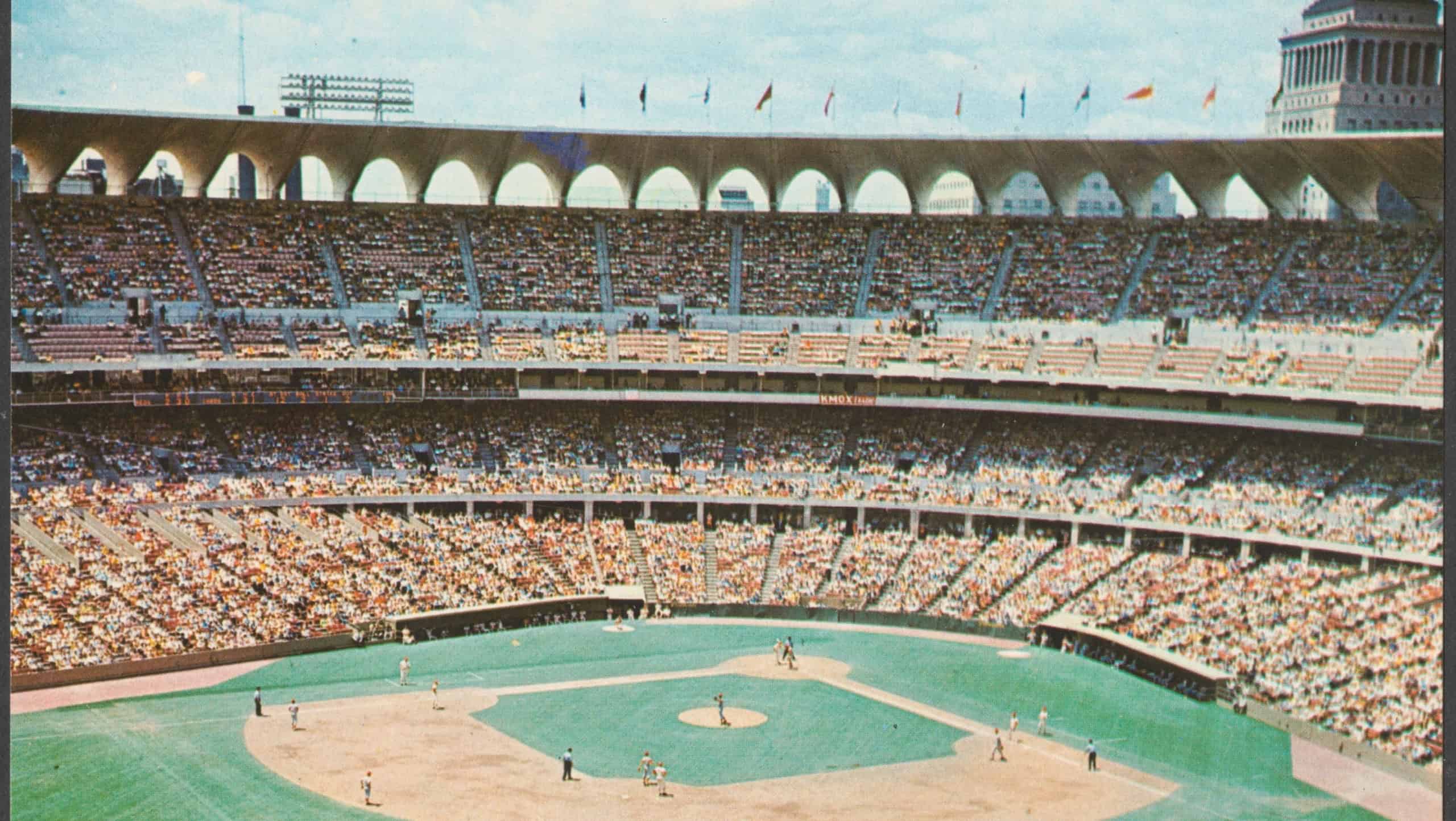 Vintage baseball stadium filled with spectators. Players on the field. Classic architecture with arches. Crowded stands, lively atmosphere, baseball game. Vintage art.