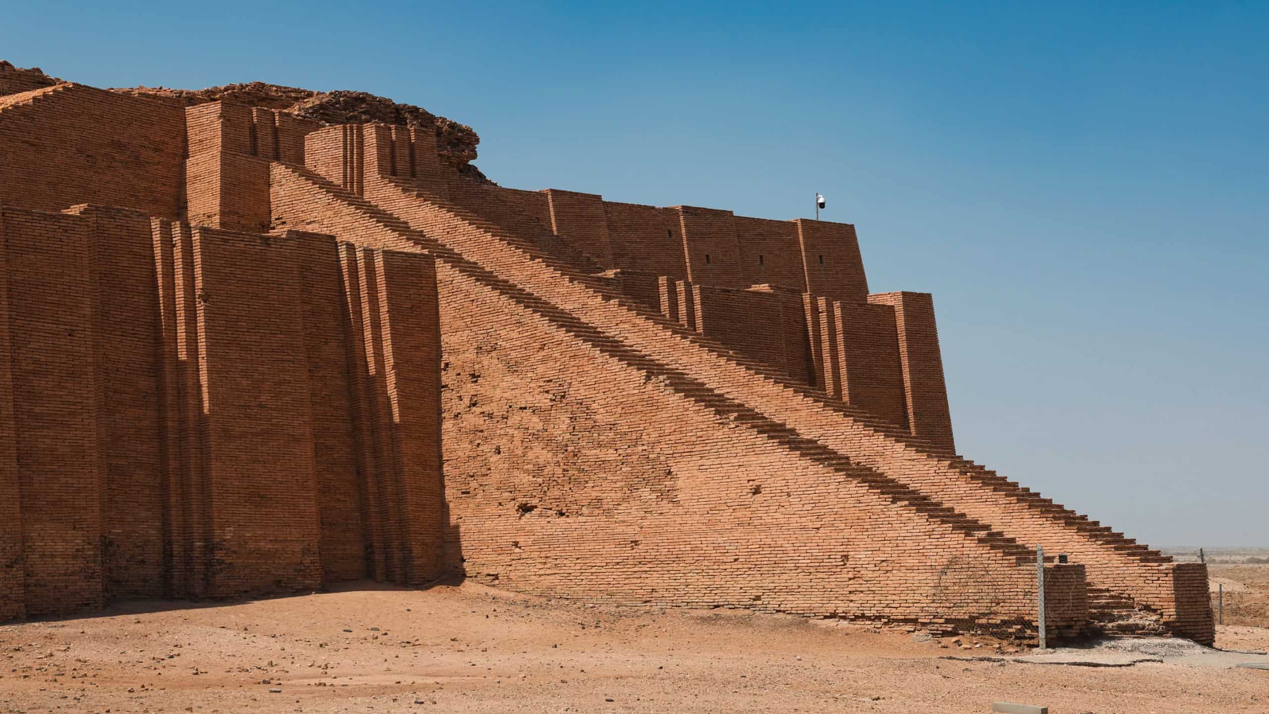 Ziggurat of Ur in Iraq displays ancient Sumerian architecture in clear skies