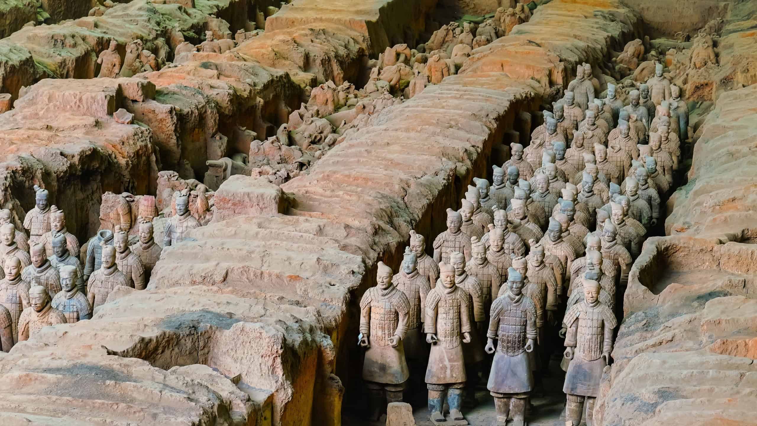Xian, China- October 31, 2020: View of the terracotta army displayed in the museum at the Mausoleum of the First Qin Emperor in Xian, China on October 31, 2020.