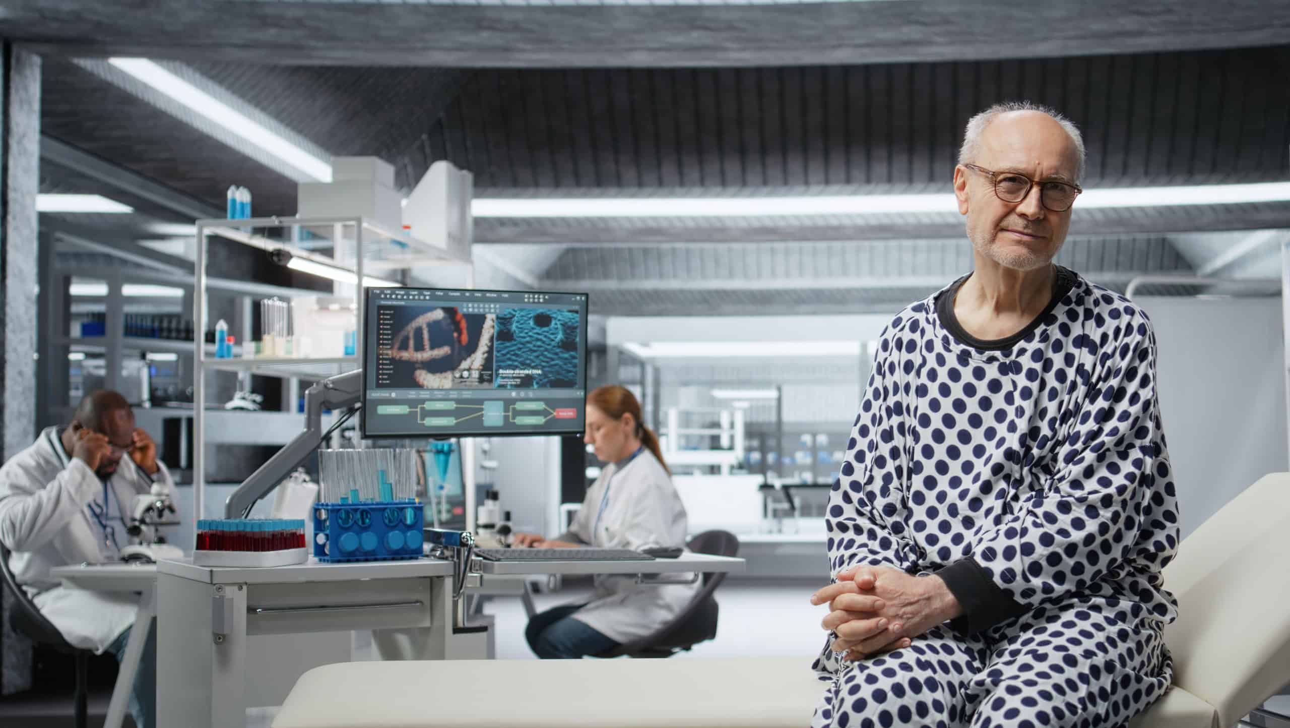 Portrait of old man starting a clinical trial in research lab to test new drug, sitting on a bed and waiting for a thorough examination. Senior person participates in health progress. Camera A.