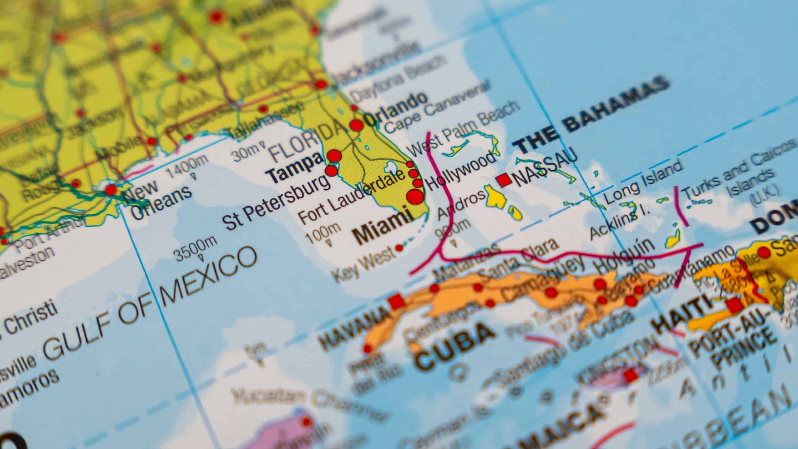 A detailed map showcasing the southeastern United States and Caribbean region with city names, roads, and notable landmarks, ideal for travel guides or educational purposes.