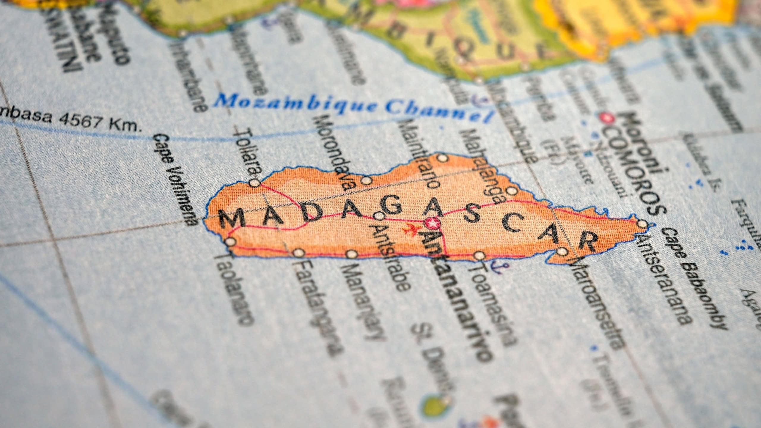 Blurred World Map Highlighting Madagascar Travel, Geography, and Global Location Concept