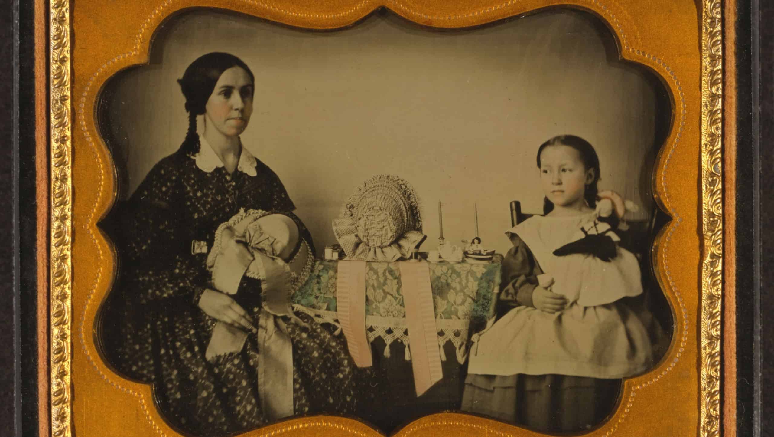 Milliner and her daughter, vintage black and white photography