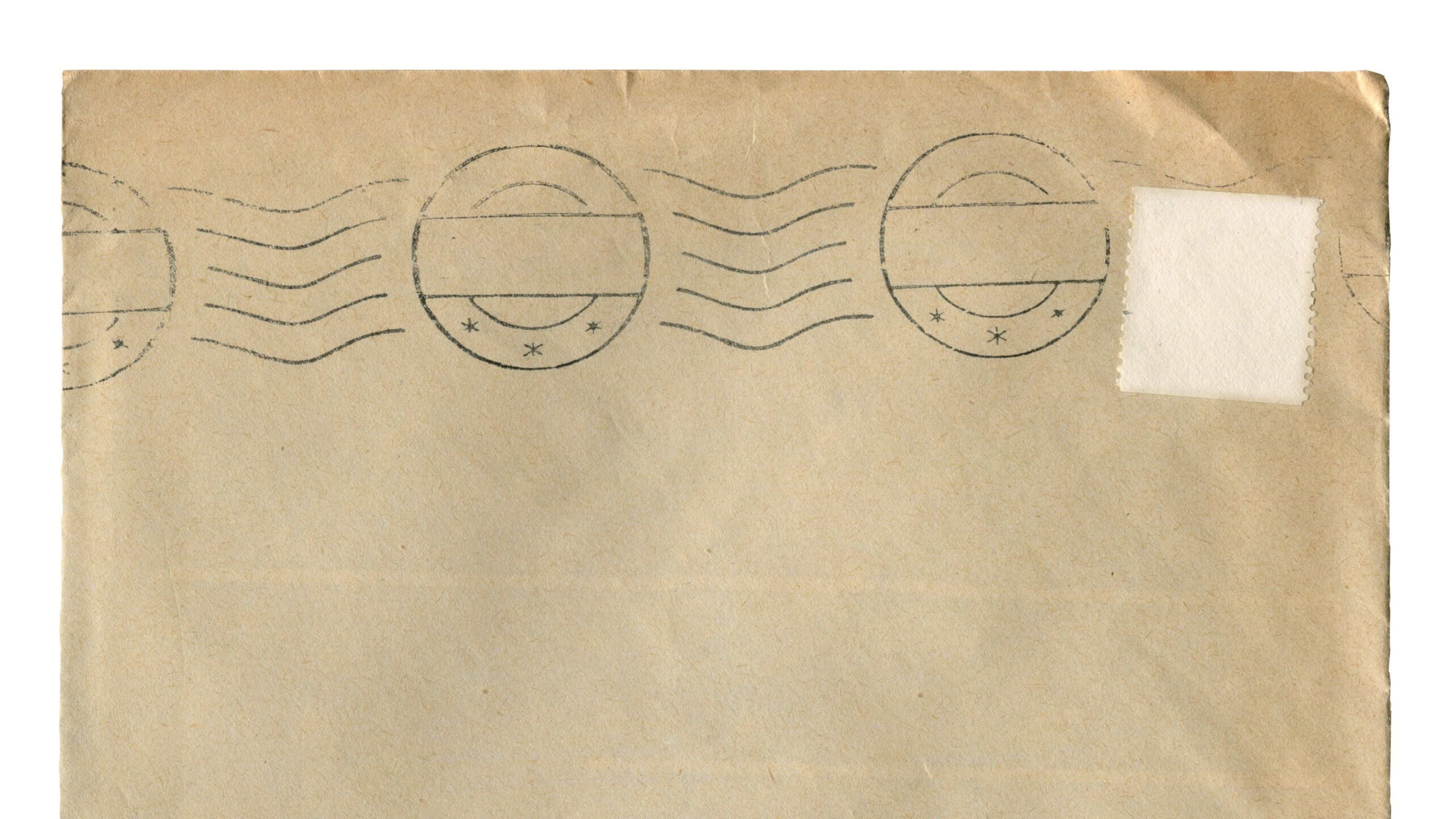Vintage brown postal envelope with postmark lines and blank stamp area isolated on white
