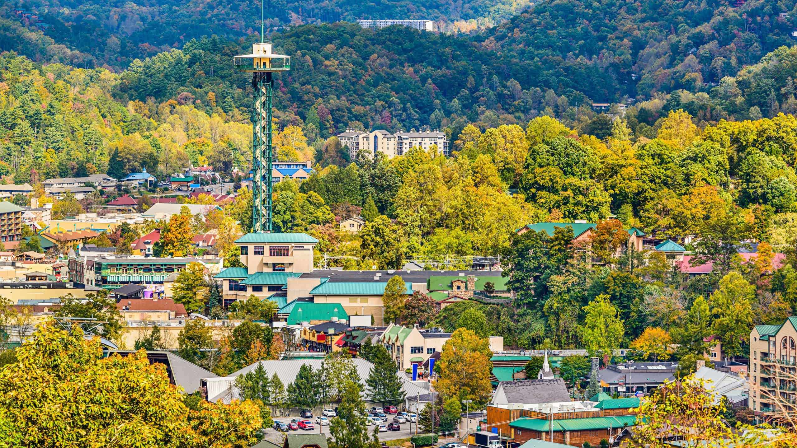 Gatlinburg, Tennessee, USA townscape in the Smoky Mountains.