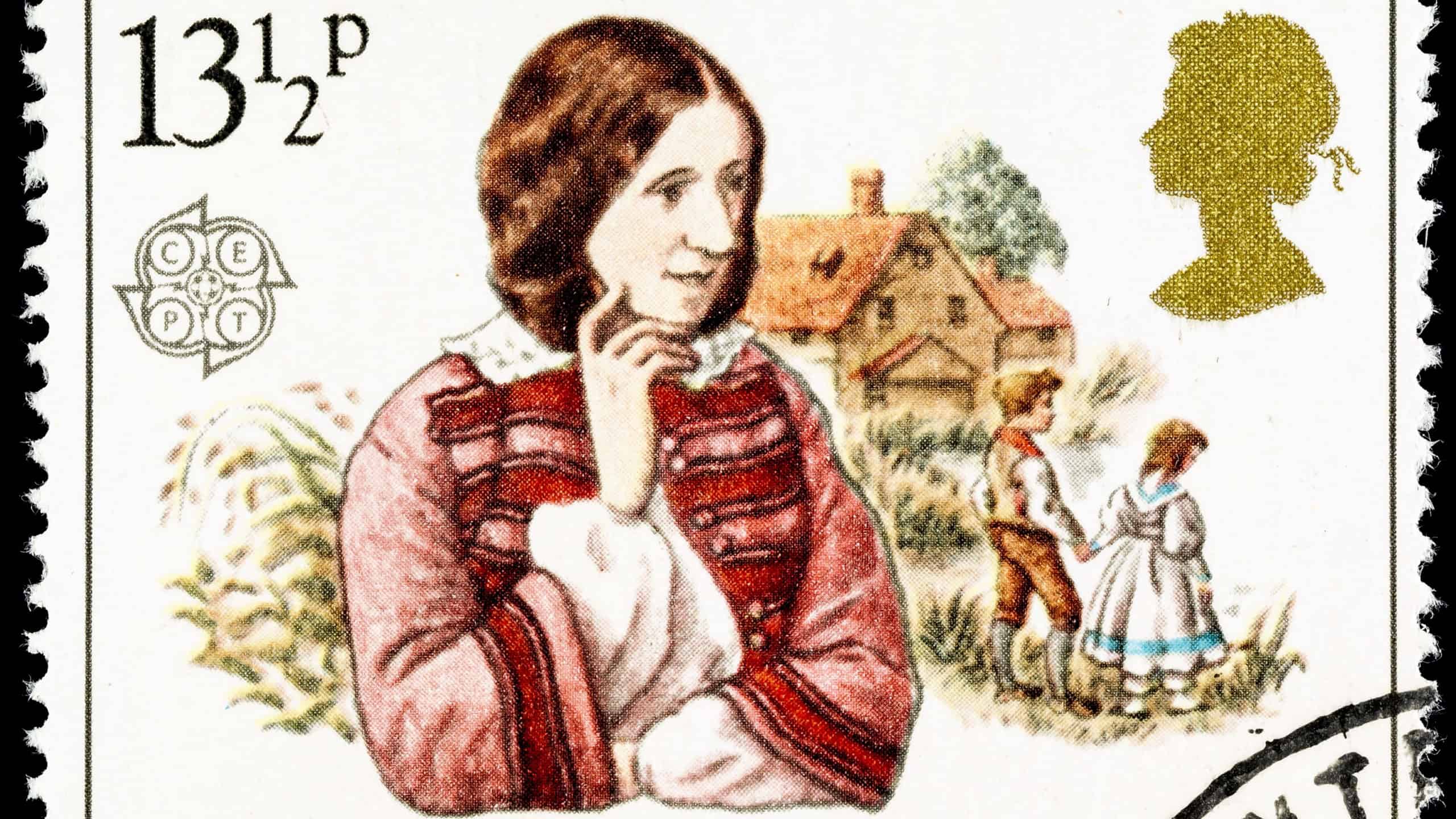 UNITED KINGDOM - CIRCA 1980: A used postage stamp printed in Britain celebrating Famous Authoresses, showing George Eliot and The Mill on the Floss