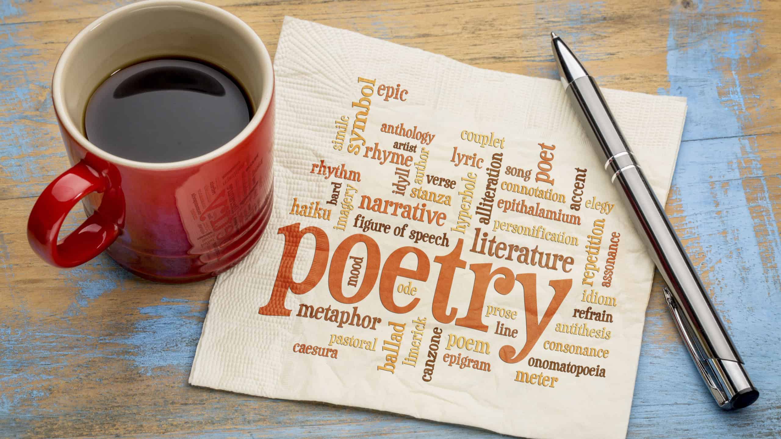 Poetry word cloud on a napkin with a cup of coffee