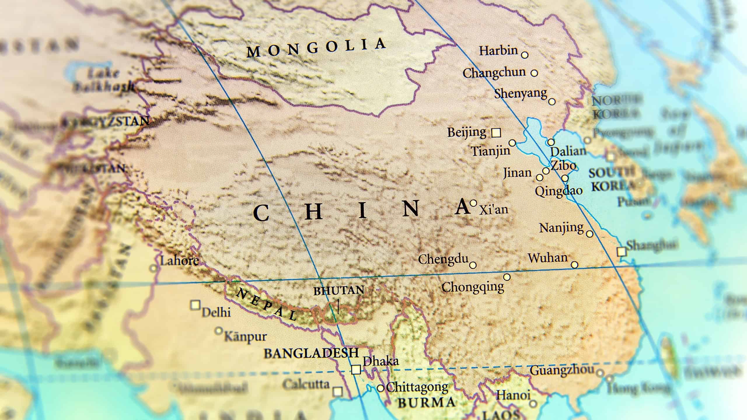 Geographic map of China country with important cities