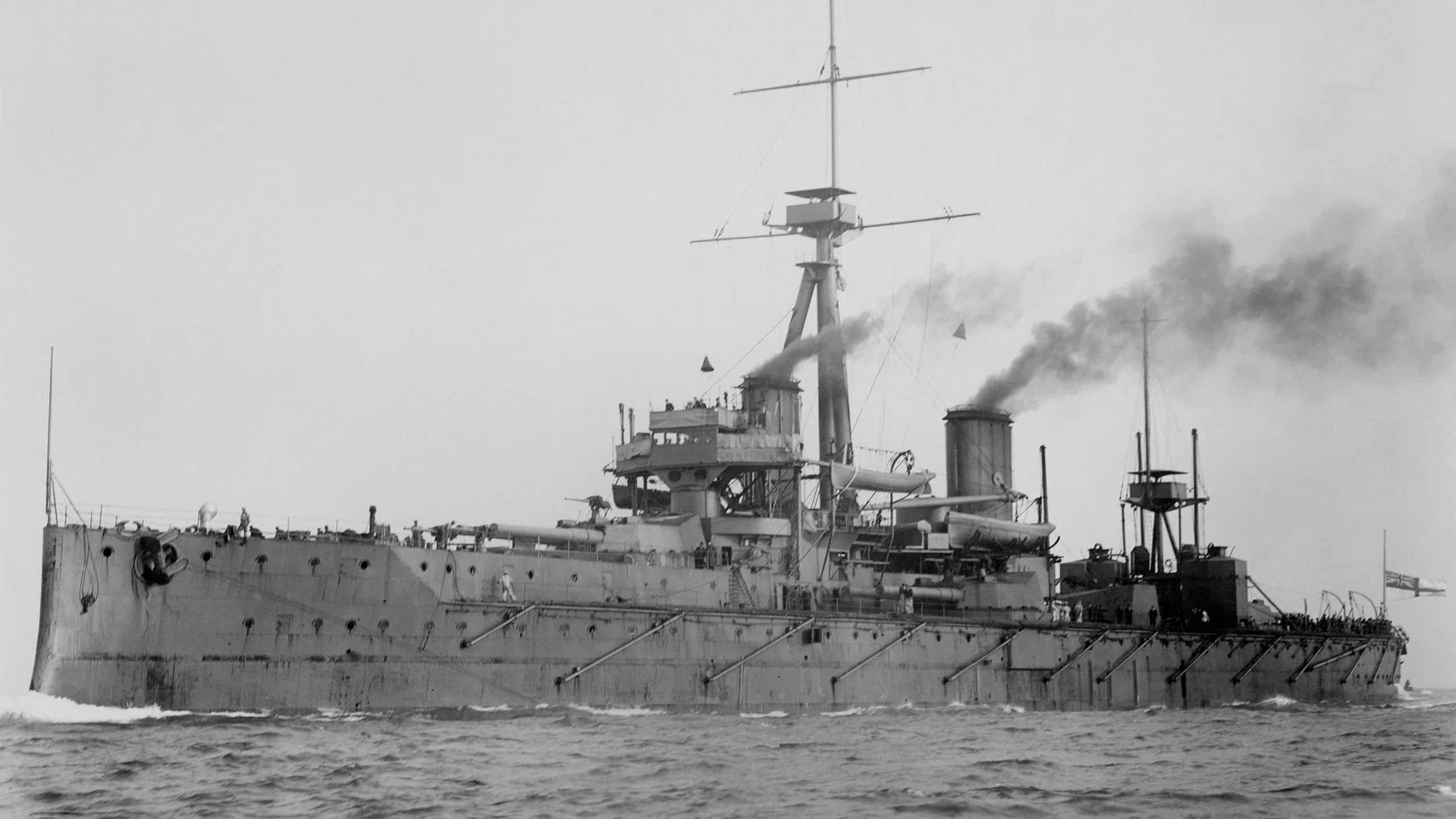 HMS Dreadnought, British battleship whose design revolutionized naval power, 1906. She had a turreted main battery of big guns, was powered by steam turbines, had heavy armor protecting the central turret