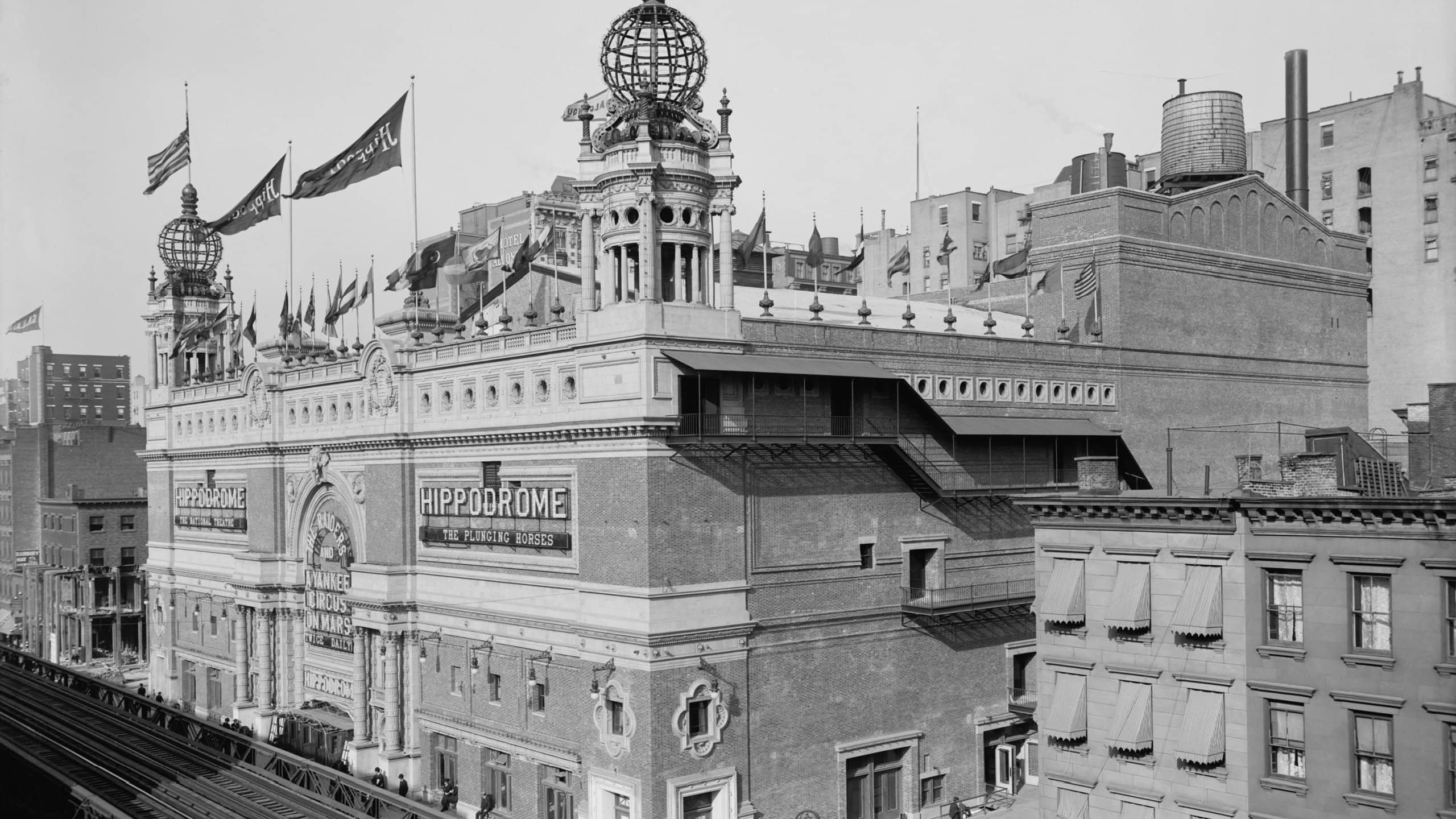 New York Hippodrome was a large NYC theatre with seating capacity of 5,300 and state-of-the-art technology in 1909. It was the largest theater in NYC when it was first opened