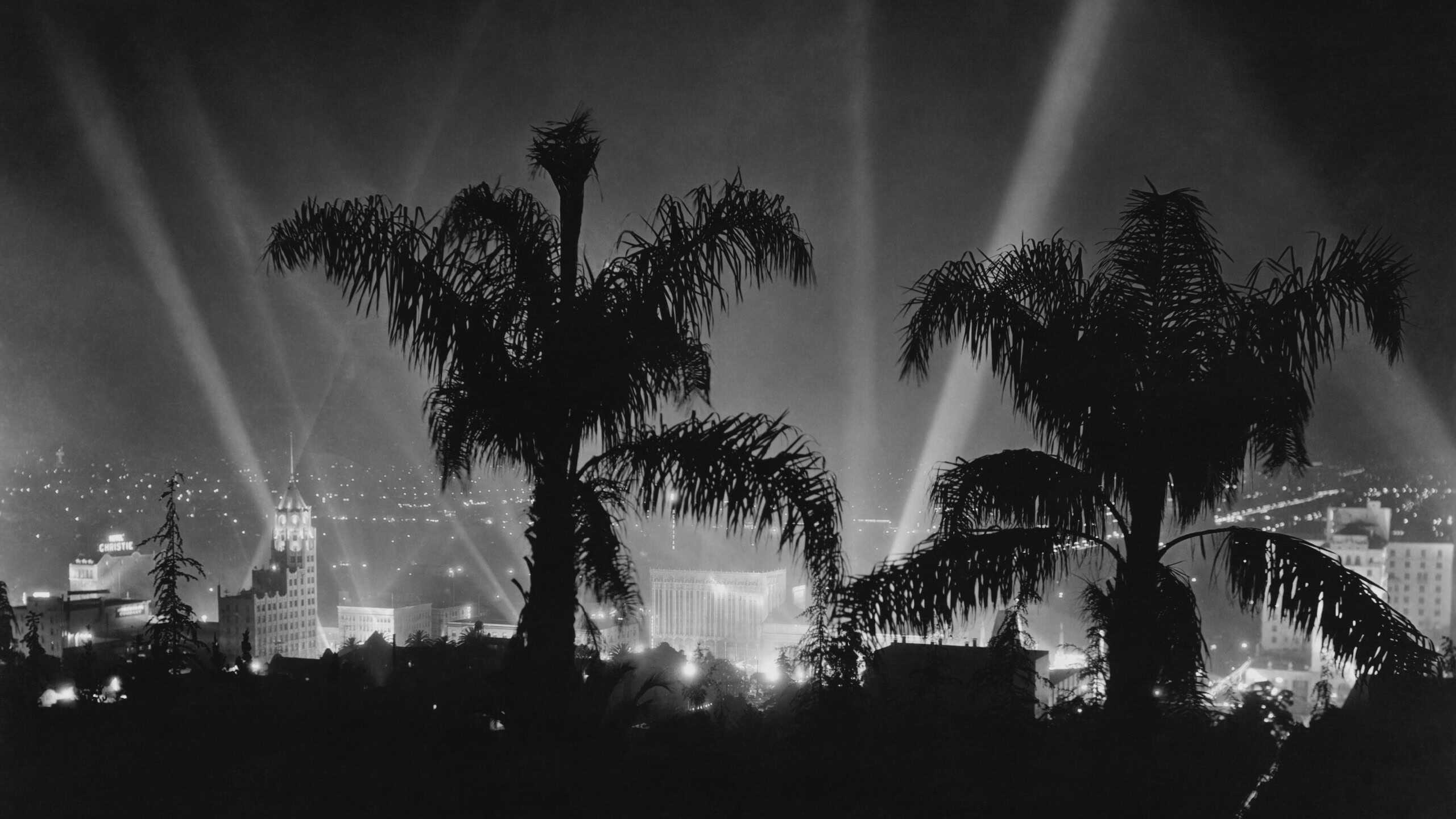 Hollywood searchlights California, circa late 1930s