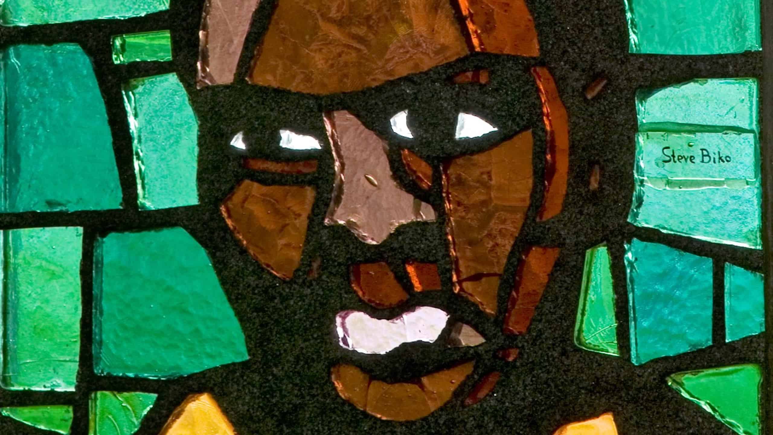 Steve Biko. Stained glass window by Daan Wildschut in the Saint Anna Church, Heerlen (the Netherlands), ca. 1976. One of 12 modern saints and martyrs.