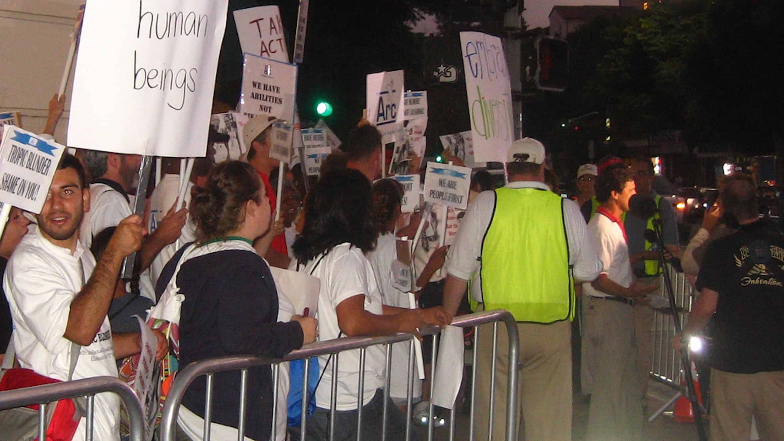 A group protesting the 2008 film Tropic Thunder