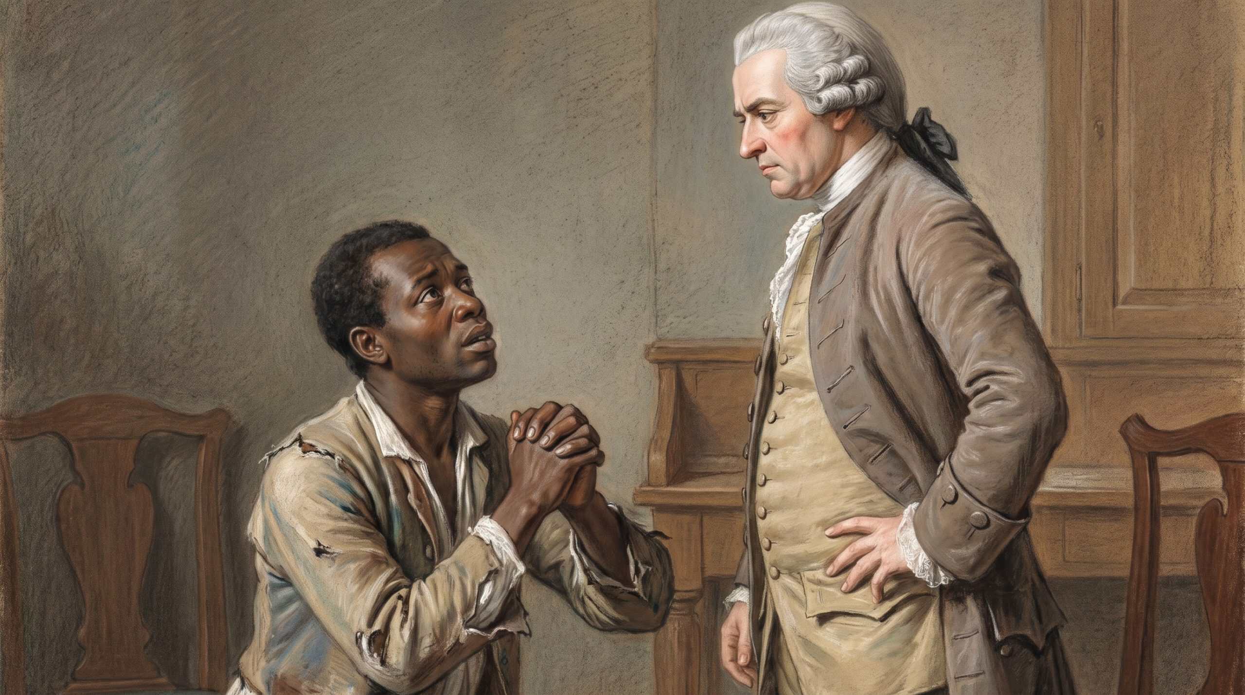 Black slave begging his owner