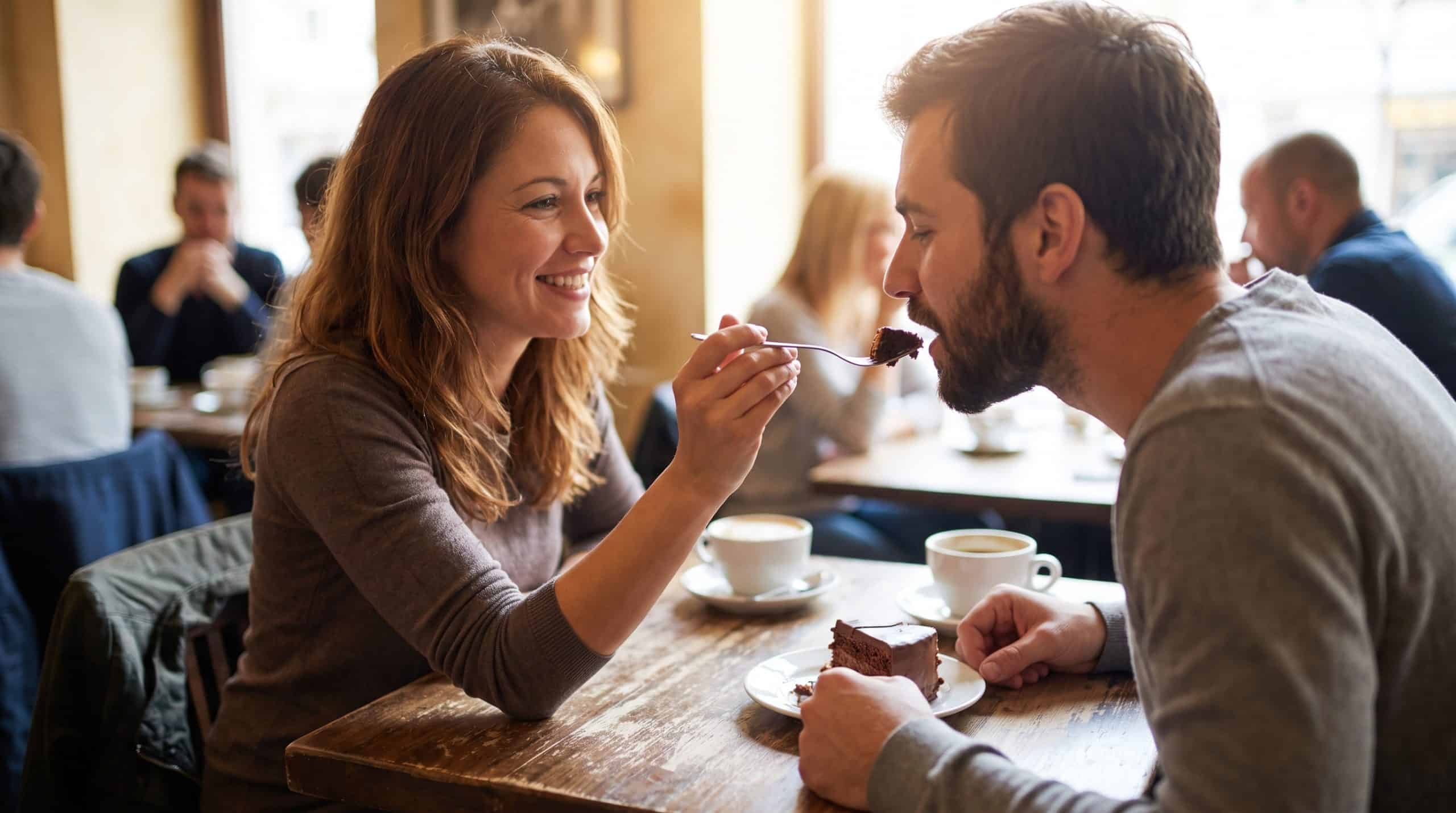 An attractive woman offering a piece of cake to a man.
