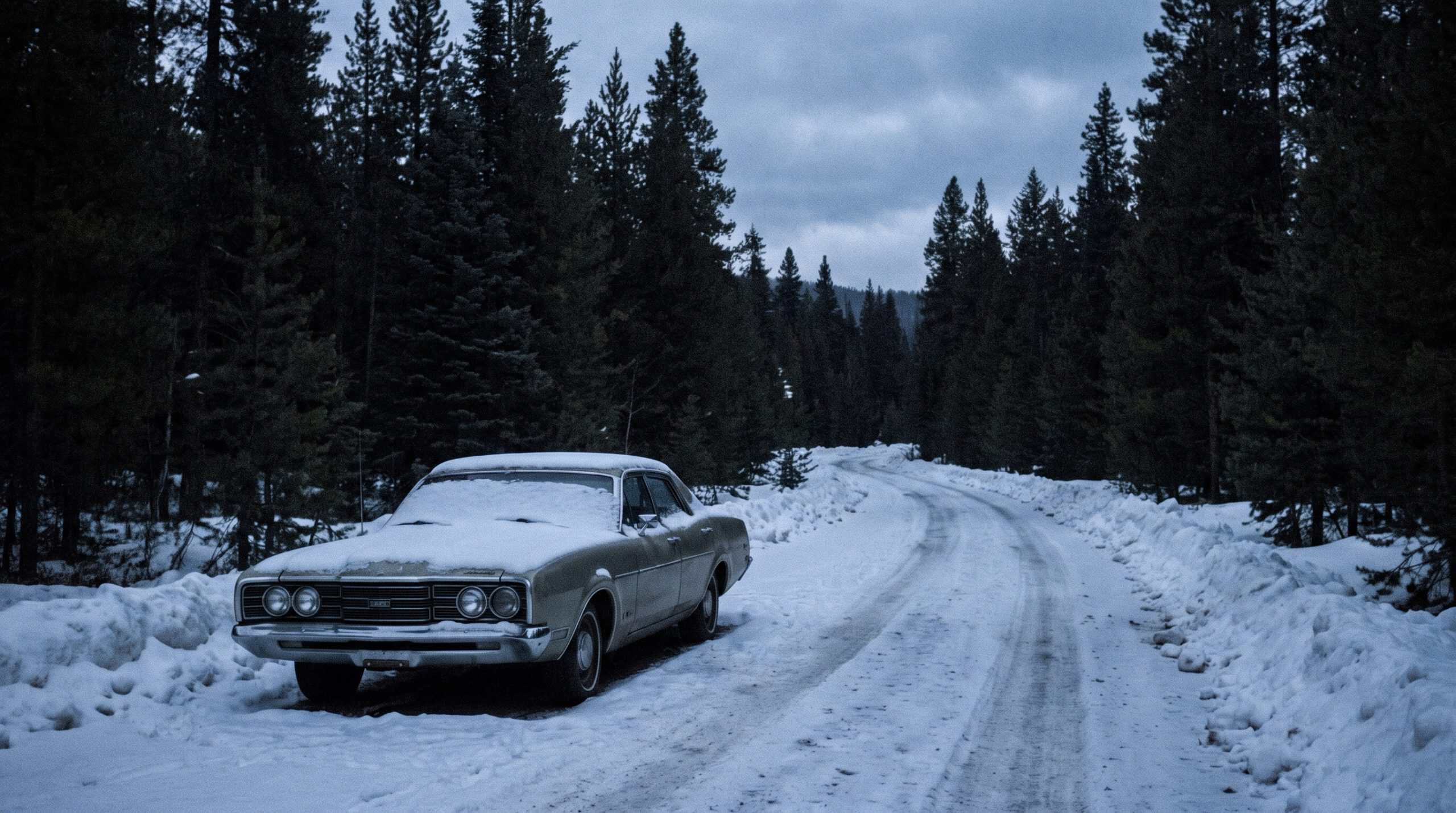 abandoned car on a cold snowy road