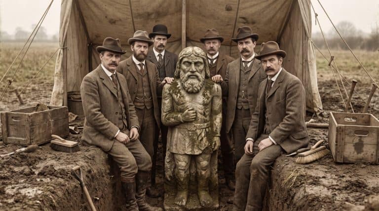several men gathered around an archeological find.
