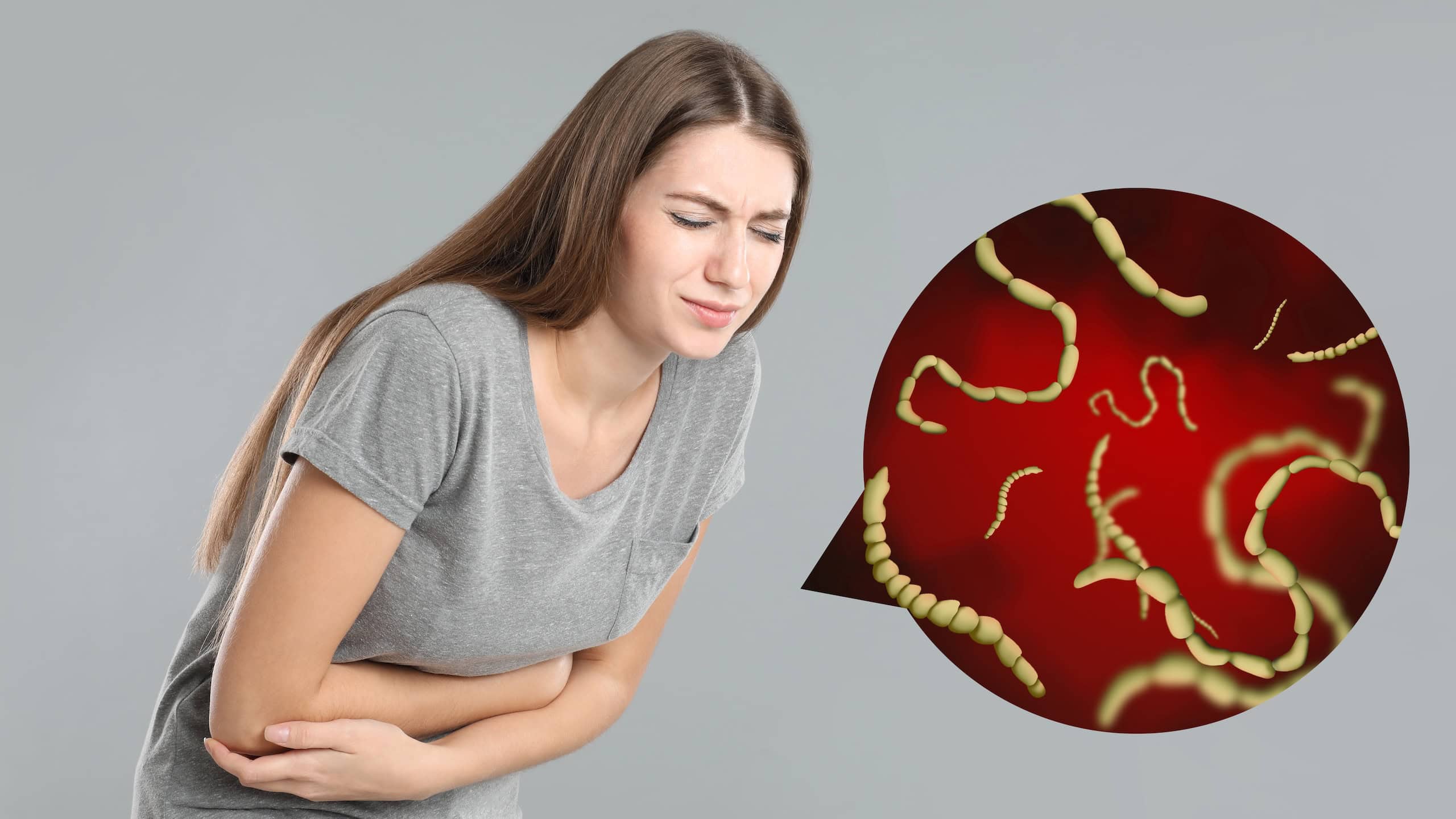Parasites under microscope and woman suffering from helminthiasis