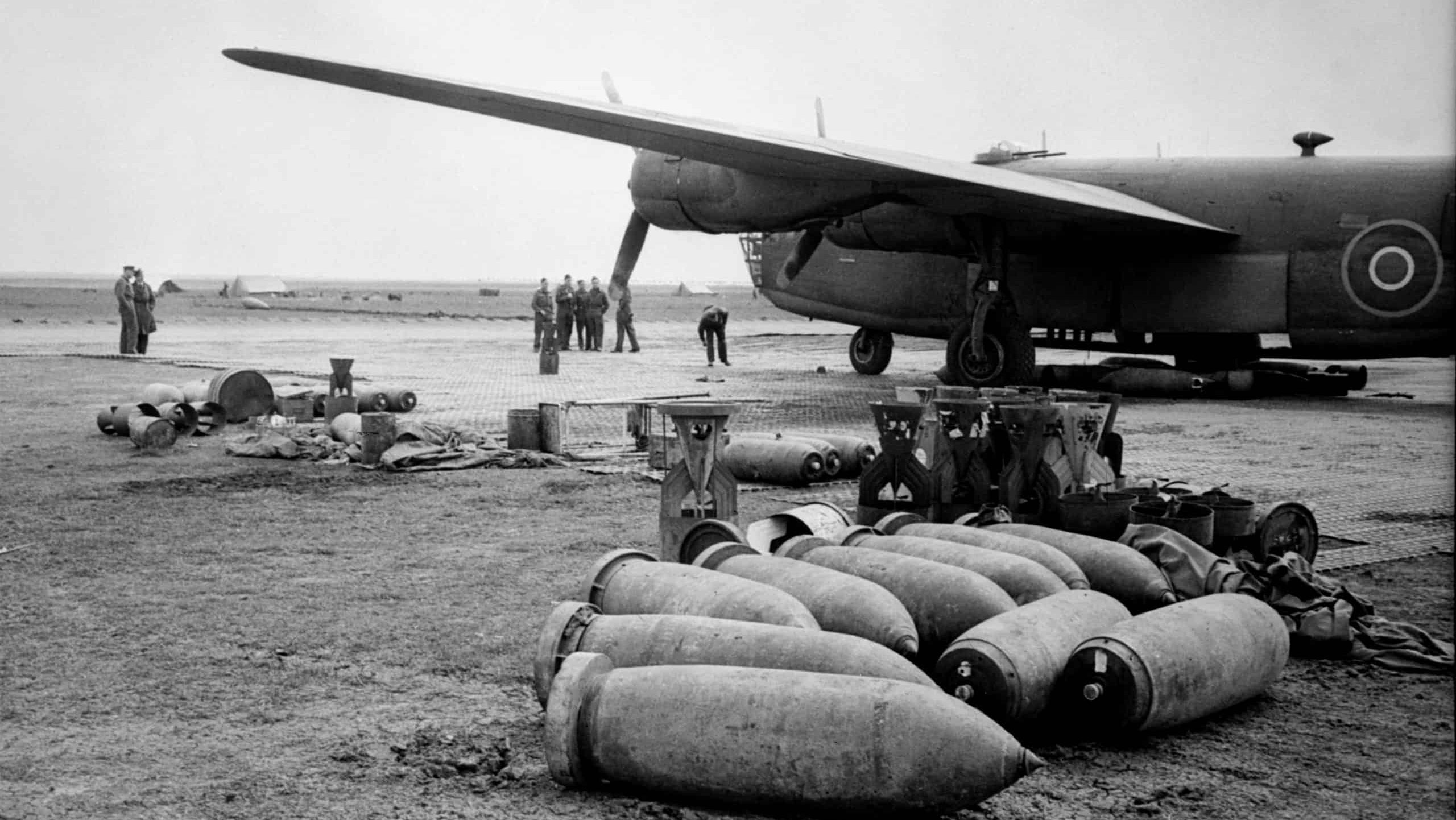 Bombs lie on an Allied airfield ready to be loaded into Royal Air Force Liberators. ca.1942-1945