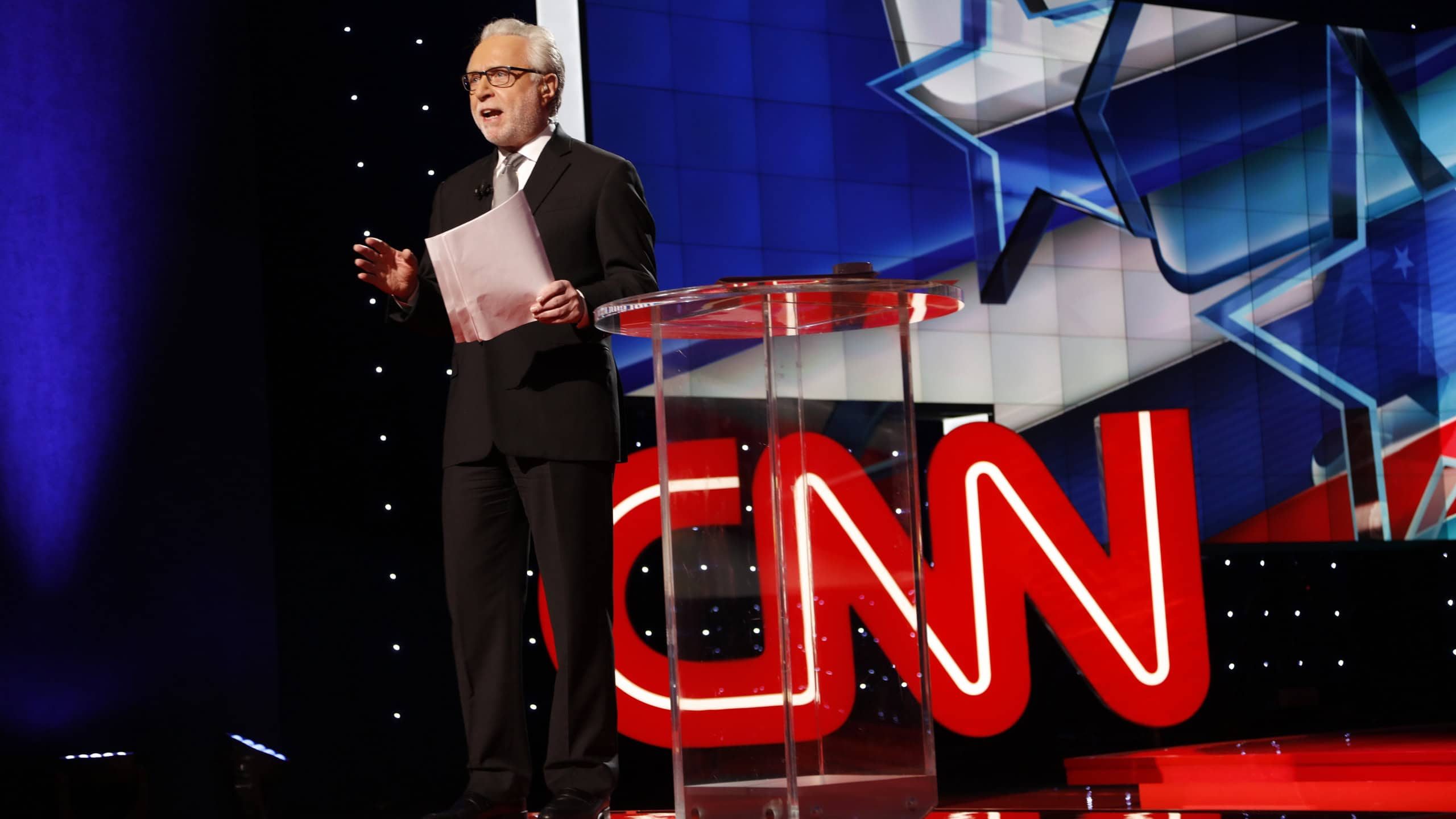 LAS VEGAS, NV, Dec 15, 2015, CNN Anchor Wolf Blitzer introduces start of CNN Republican presidential debate at the RNC presidential candidate debate at The Venetian, Las Vegas, NV