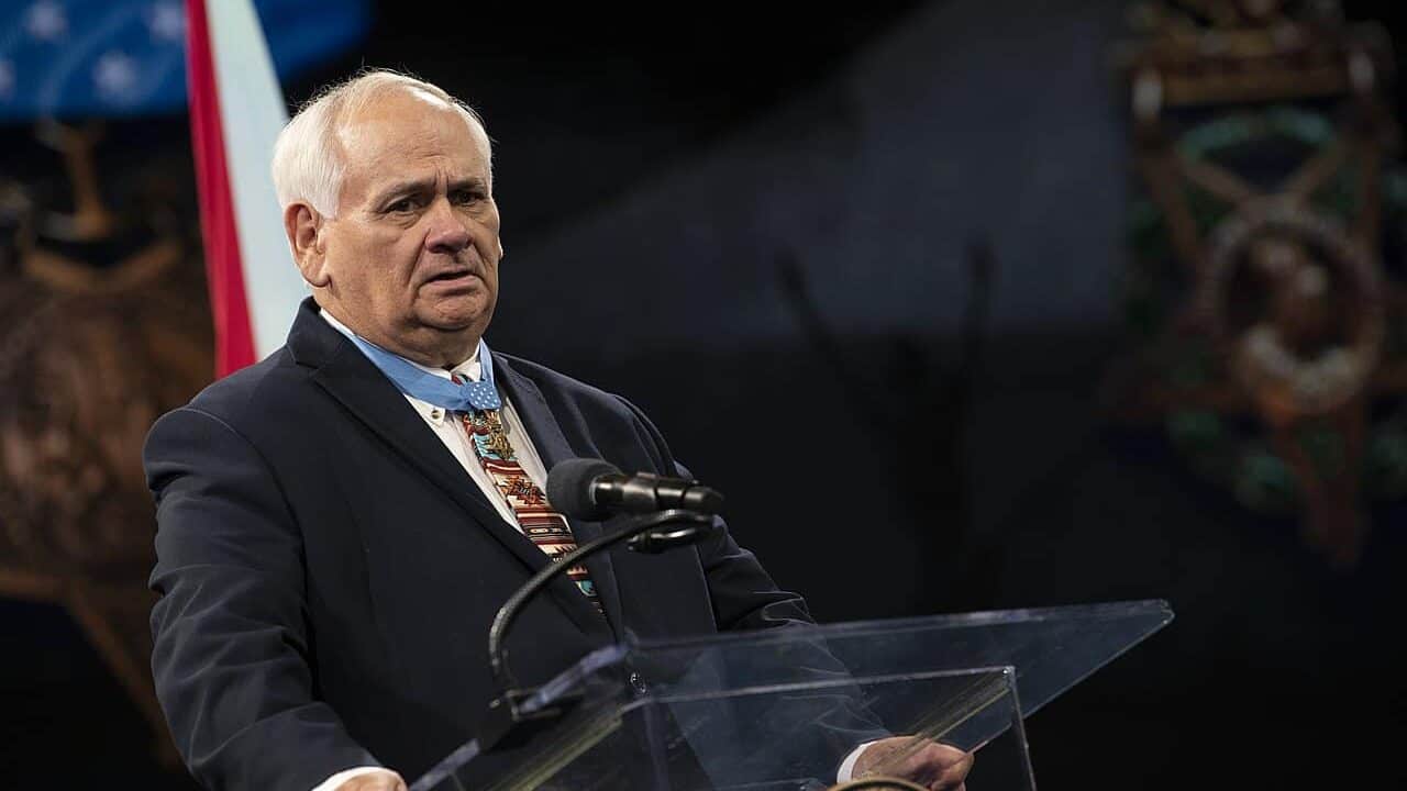 Medal of Honor recipient former Army Spc. Five Dwight W. Birdwell delivers remarks during the ceremony inducting him into the Pentagon Hall of Heroes, at Joint Base Myer-Henderson Hall, Va., July 6, 2022. (DoD photo by Lisa Ferdinando)