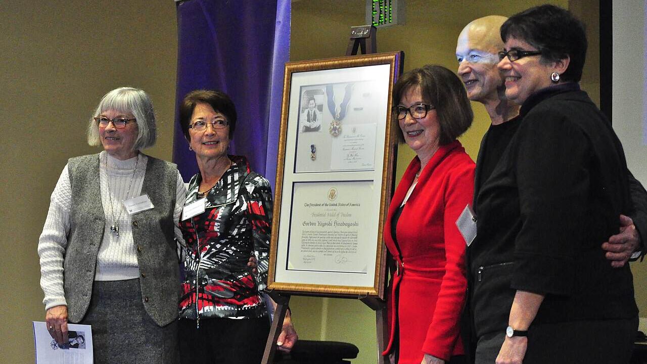 Gordon Hirabayshi's family pose with his Presidential Medal of Freedom