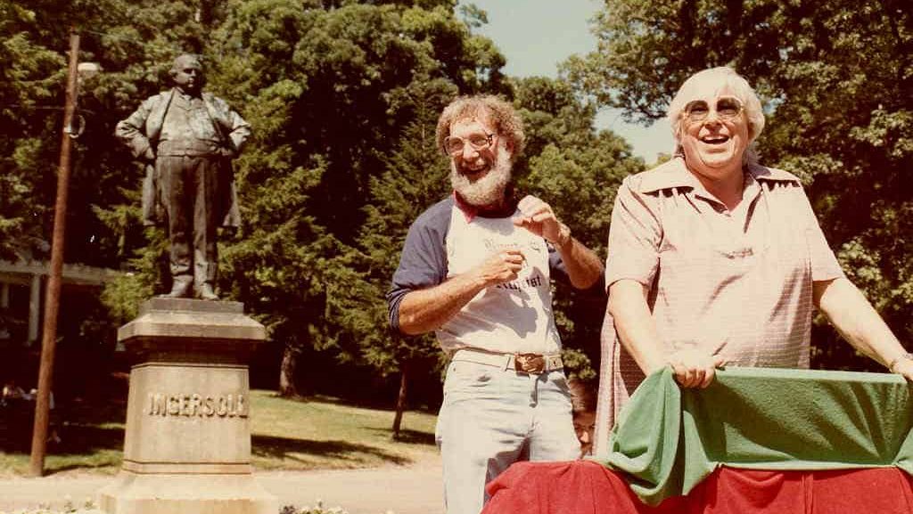 Famed atheist Madalyn Murray O'Hair, 1983 in front of the Robert Ingersoll statue in Glen Oak Park, Peoria, Illinois. I don't know the name of the bearded man in this picture. Madalyn O'Hair was murdered in 1995 along with her son and granddaughter.