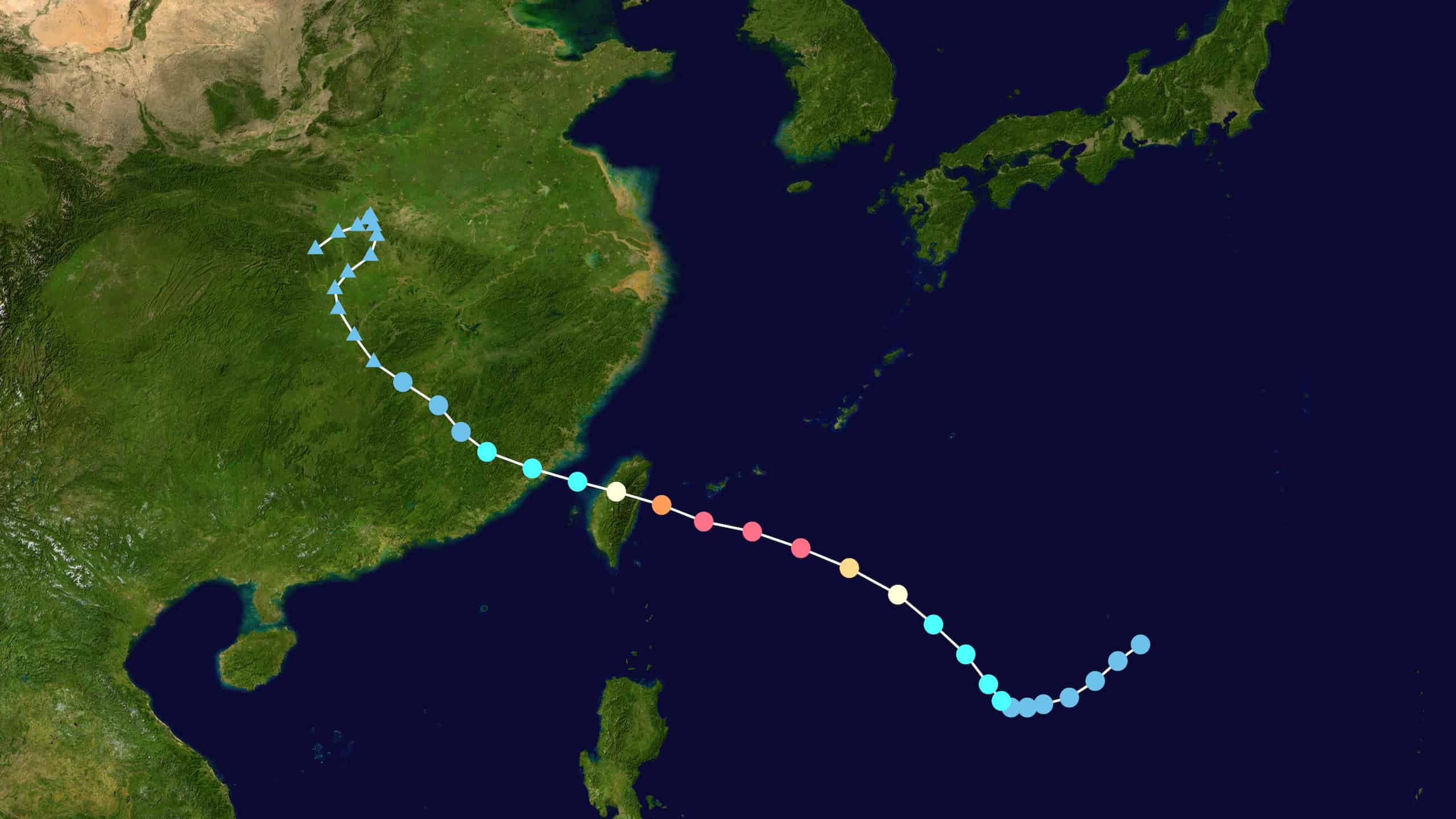 Track map of Super Typhoon Nina of the 1975 Pacific typhoon season.