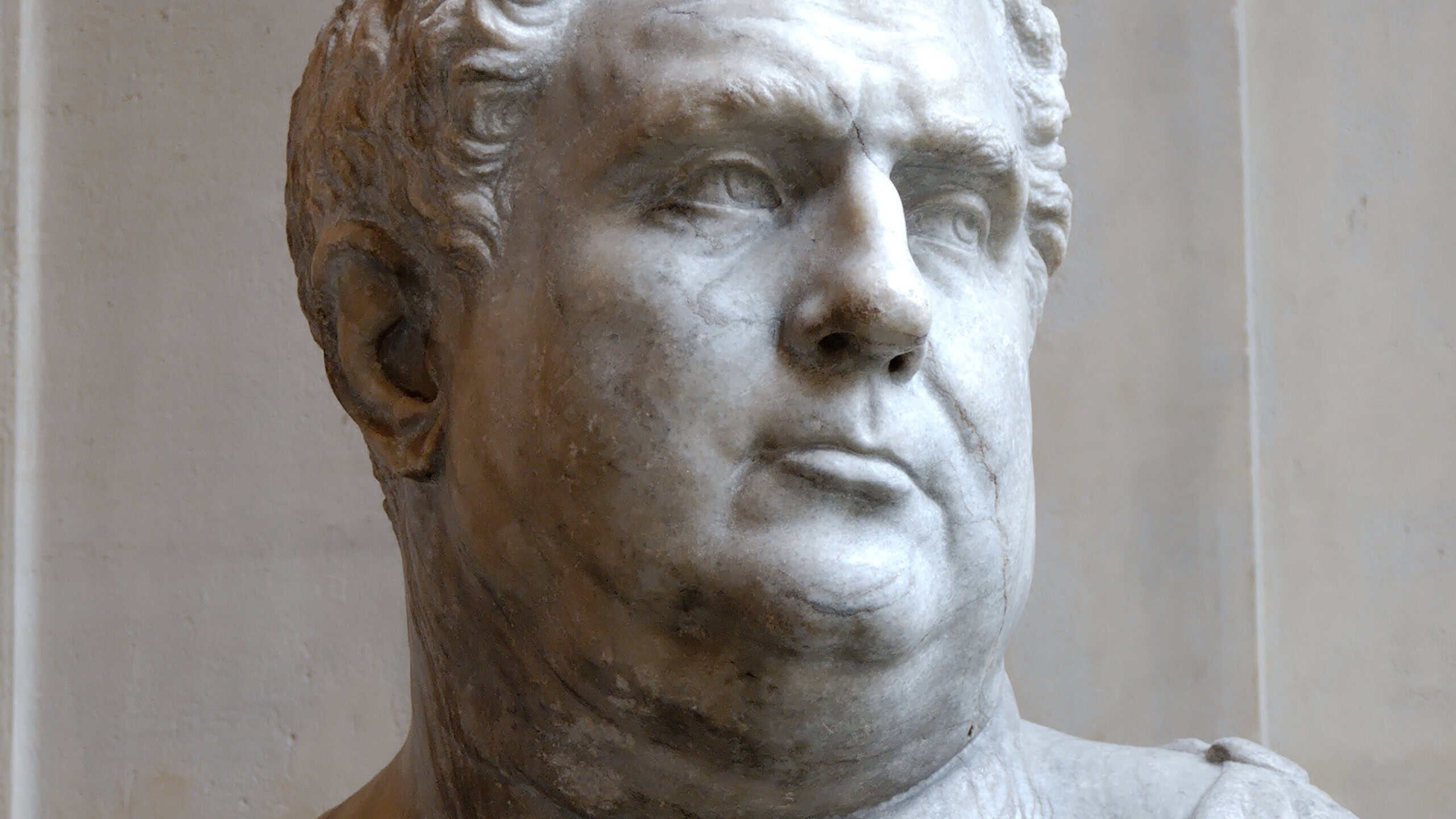 Male bust of the Pseudo-Vitellius type. Grey veined marble, Italian artwork of the first half of the 16th century, modern copy of an antique head of the Hadrianic era in the Grimani Collection in Venice, once thought to represent the emperor Vitellius.