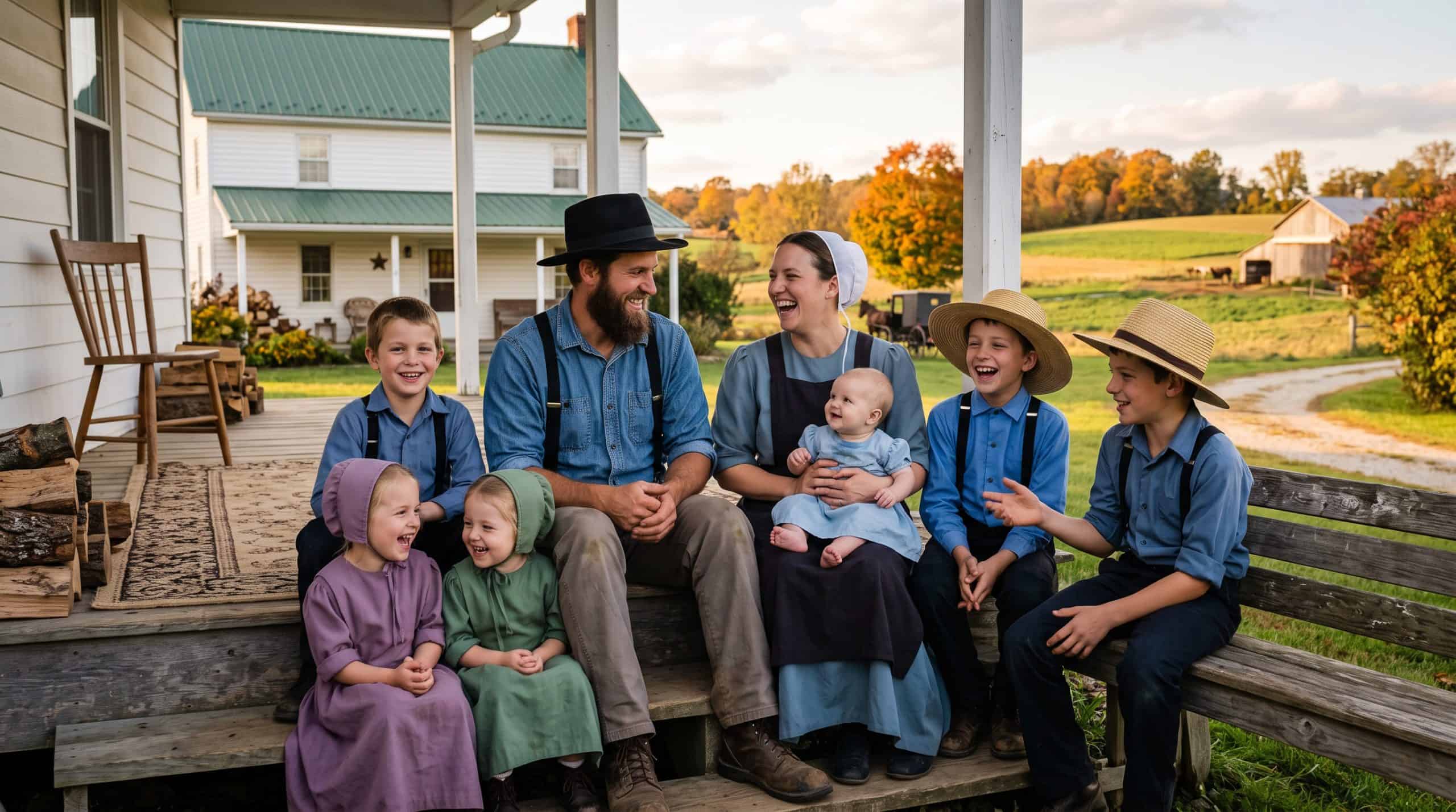 Happy Amish family spending time together.