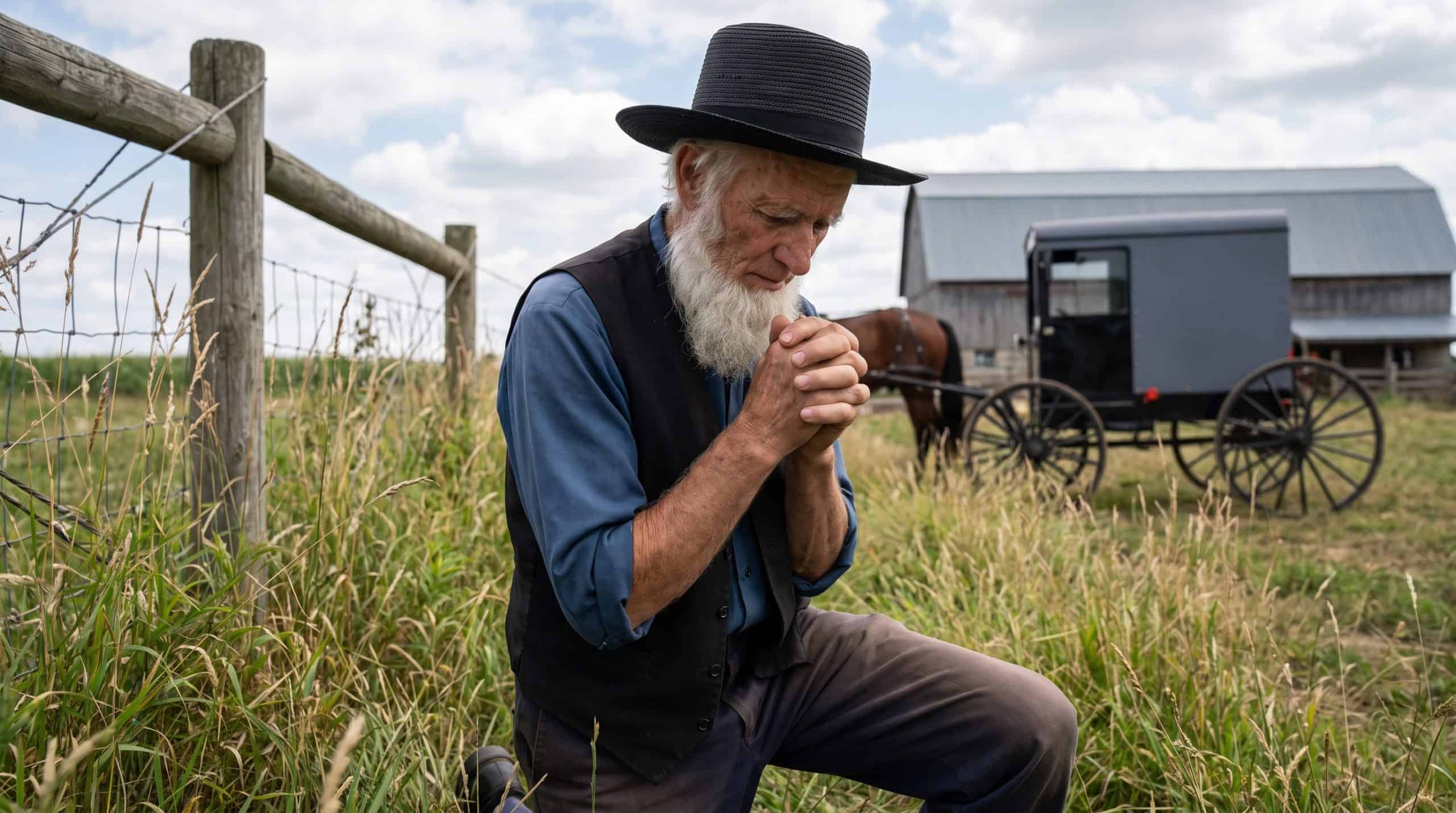 An amish man praying.