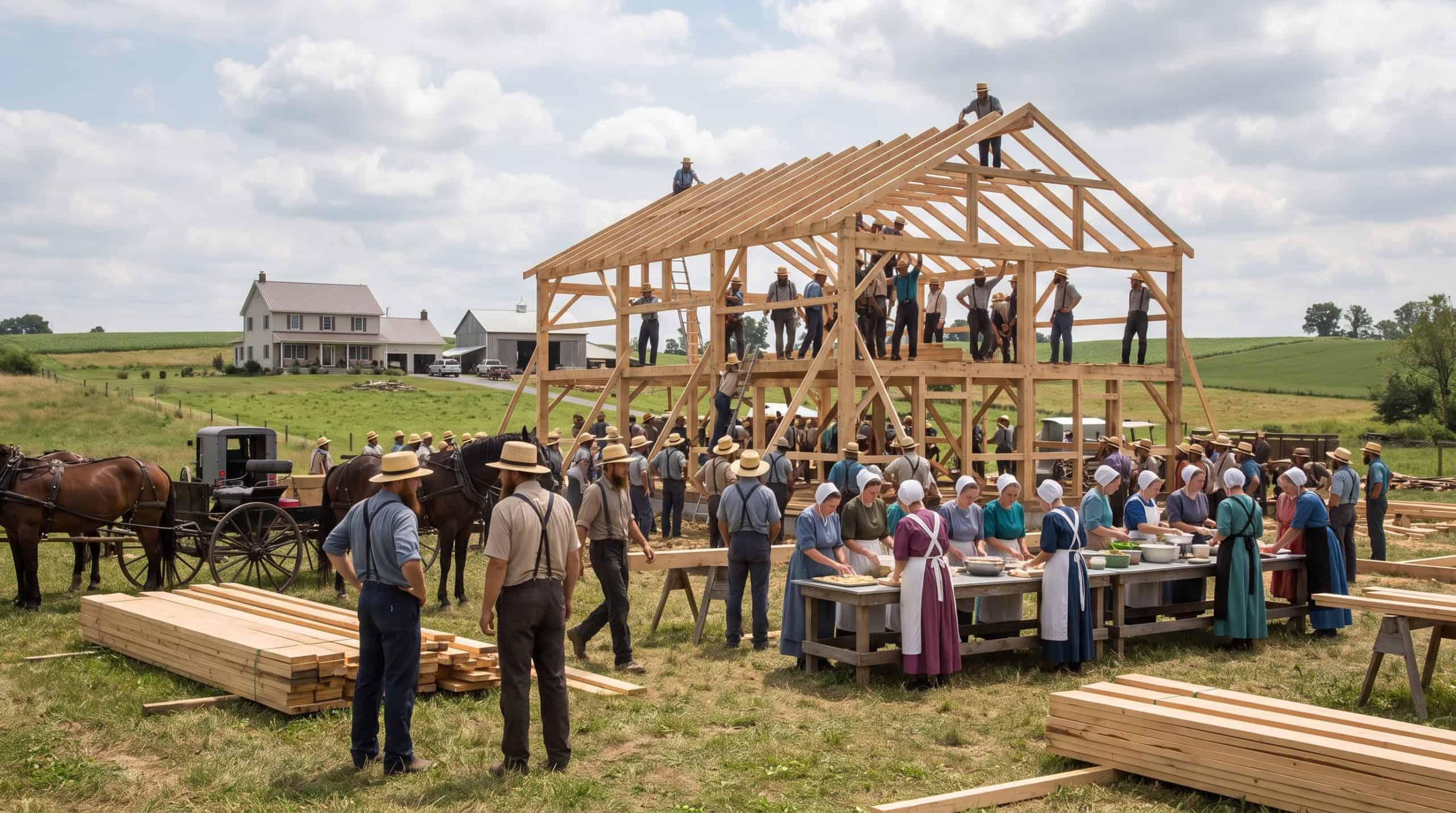 Amish people building a farm