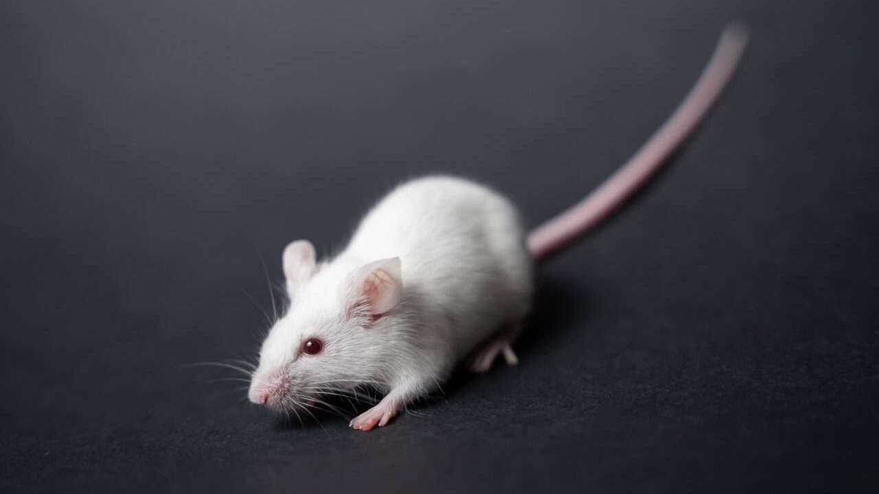 Young white rat posing on black background.
