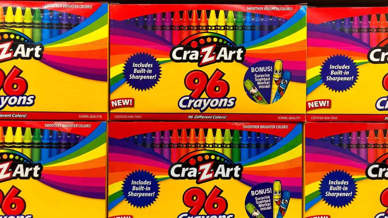 San Leandro, CA - August 30, 2019: Big box department store shelf with rows of boxes of crazy art crayons. Back to school supplies
