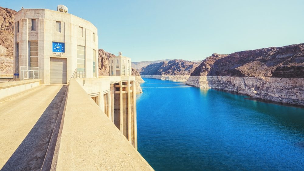 Hoover Dam, Nevada-Arizona, USA - October 2, 2021 Lake Mead, the largest reservoir in the US drops to a record low water level. View from Hoover Dam walkway, Nevada side
