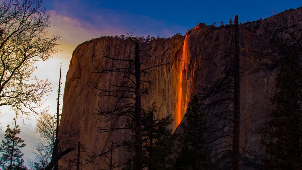 The view of Horsetail Fall, located in Yosemite National Park in California