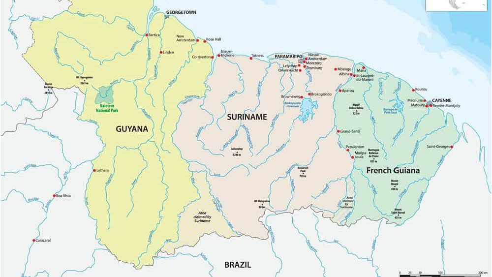Map of the states of Guyana, Suriname and the French department of French Guiana
