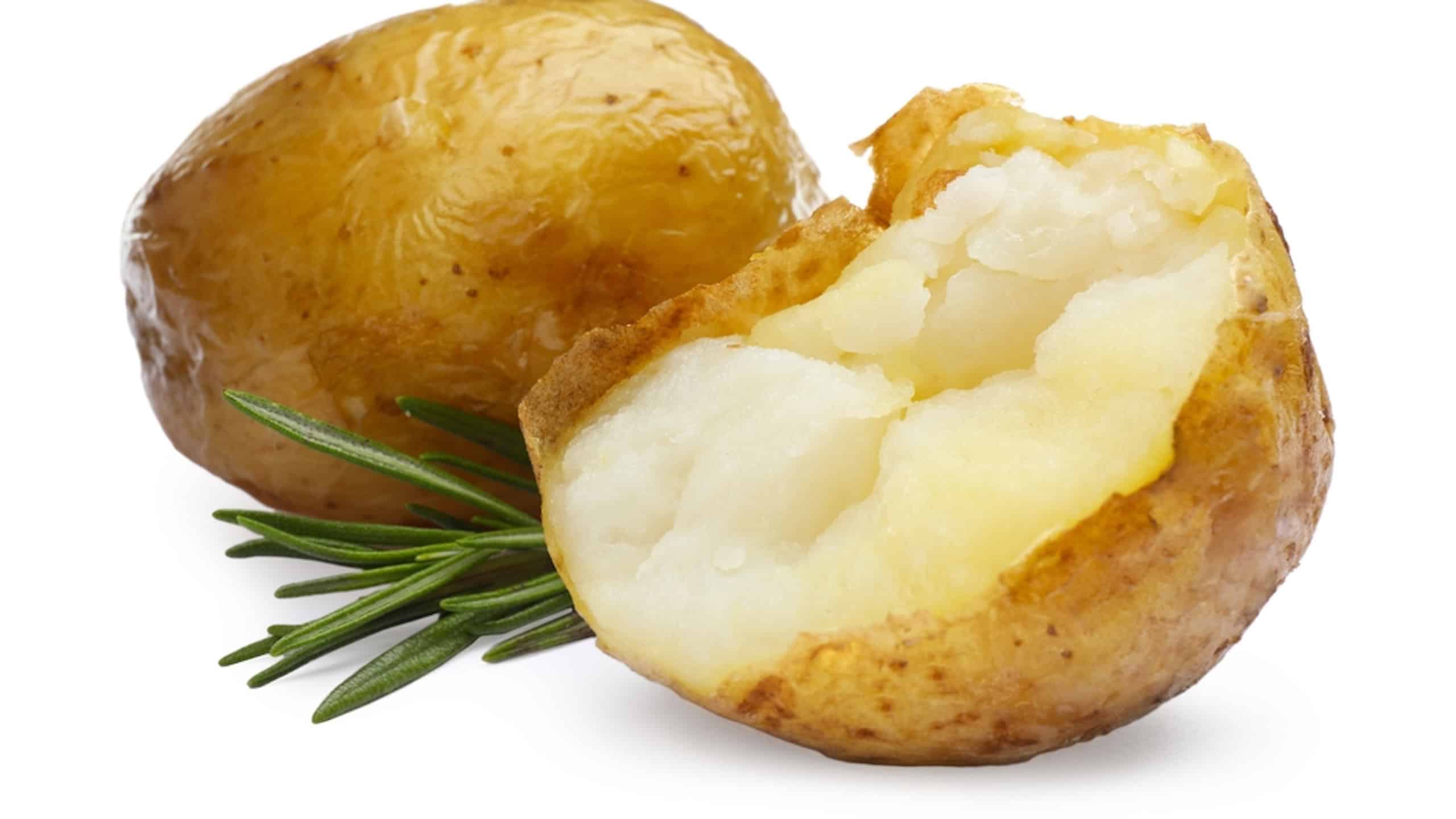 Tasty pieces of baked potatoes and rosemary on white background
