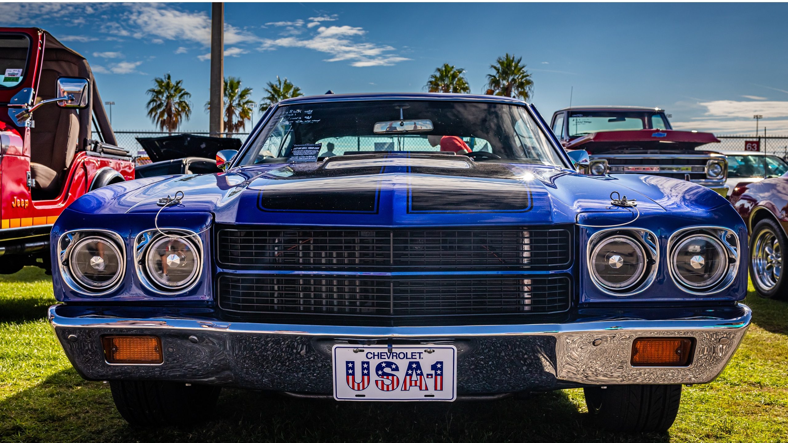 Daytona Beach, FL - November 28, 2020: Low perspective front view of a 1970 Chevrolet Chevelle SS 454 Sport Coupe at a local car show.