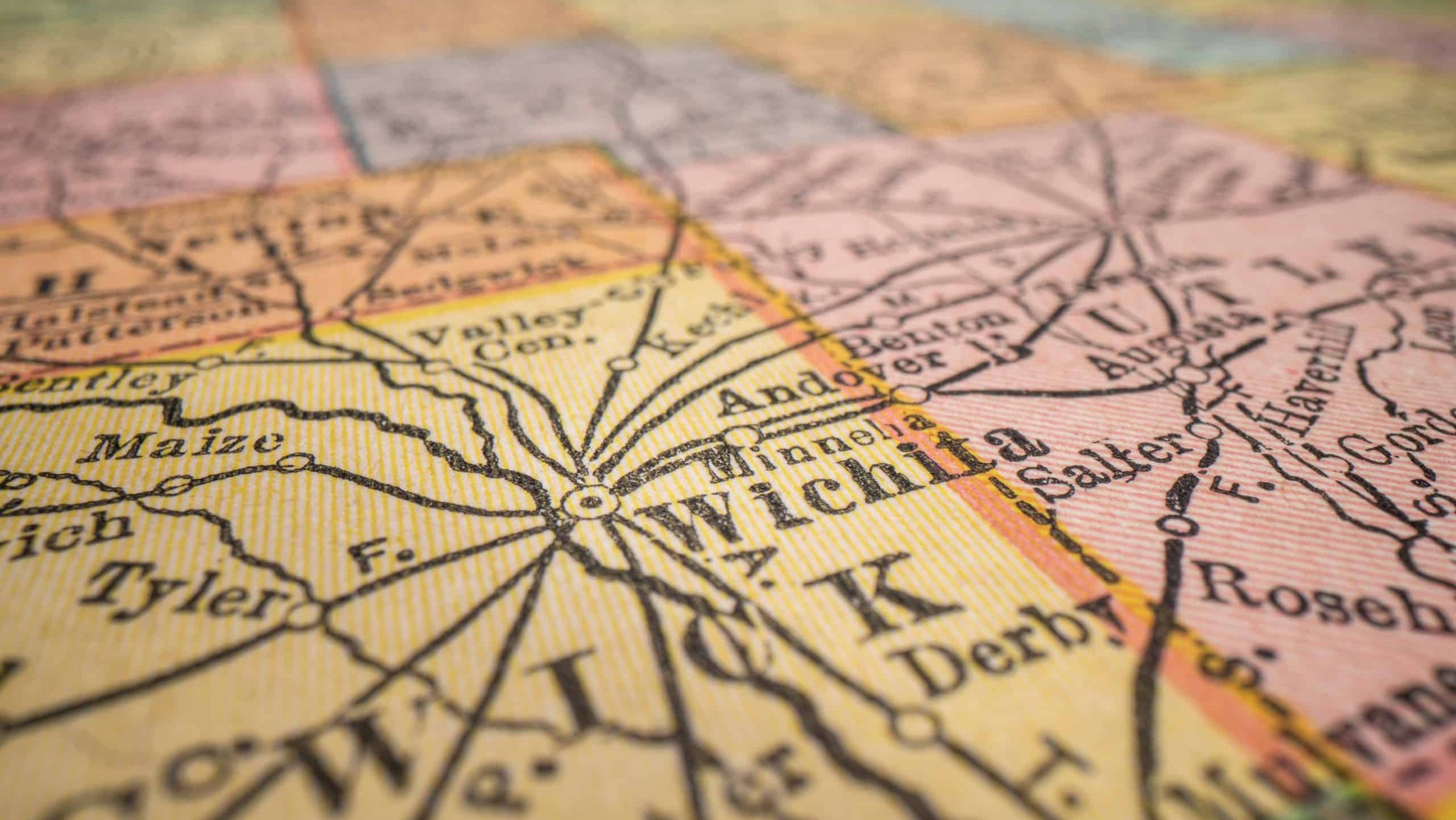 Wichita, Kansas on a vintage map, closeup with a selective focus