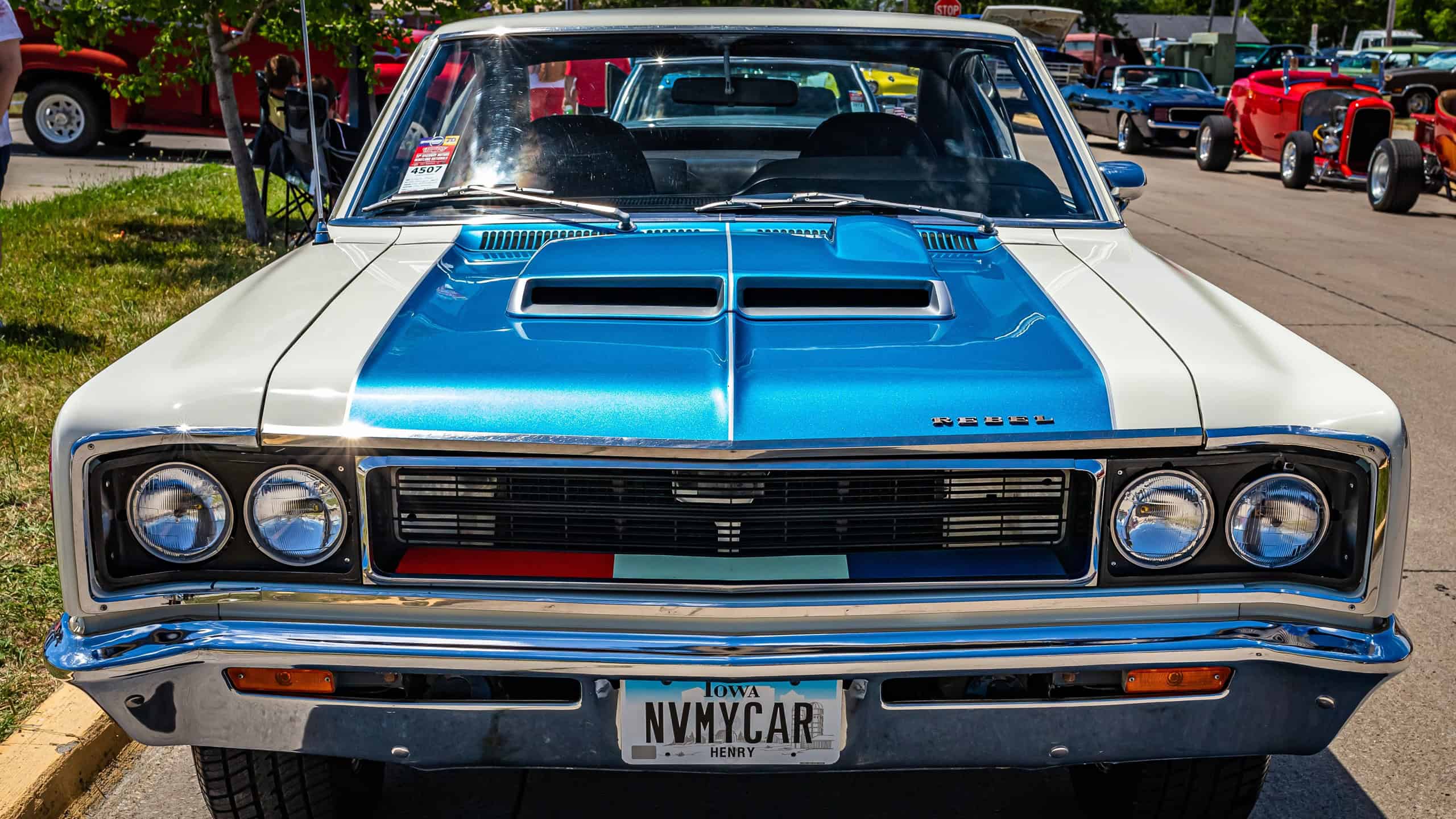 Des Moines, IA - July 02, 2022: High perspective front view of a 1970 AMC Rebel Machine Hardtop Coupe at a local car show.