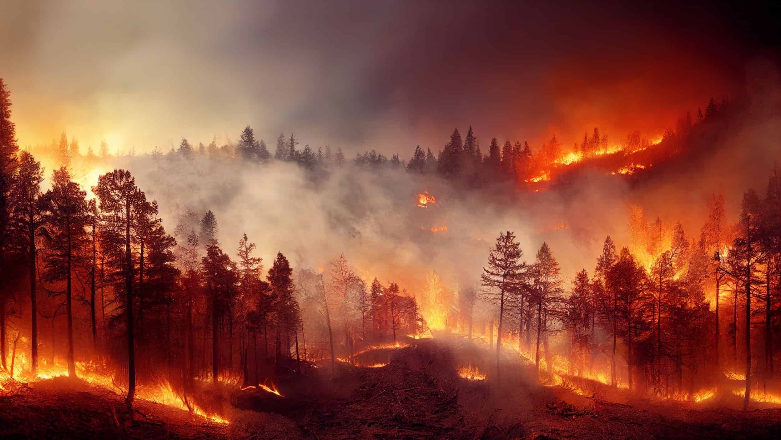 Forest fire disaster illustration, trees burning at night, wildfire nature destruction, damaged environment caused by global warming