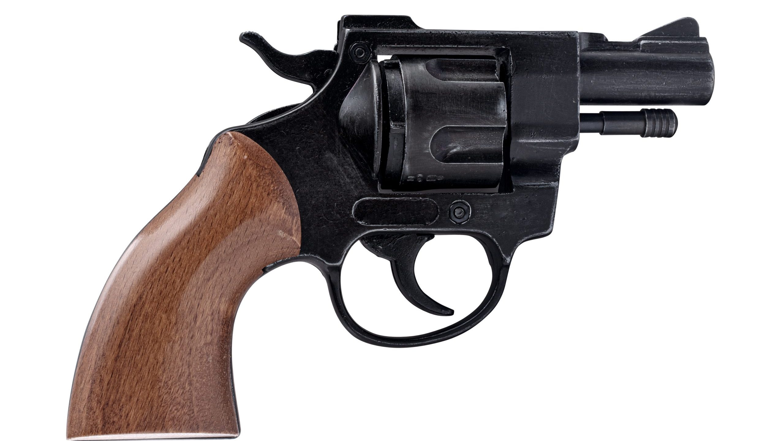 Five shot 38 caliber single action revolver handgun isolated on white background