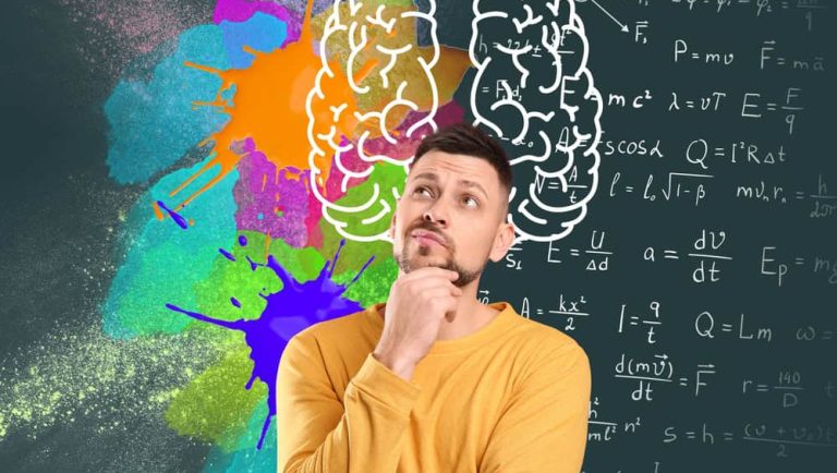 Logic,And,Creativity.,Man,And,Illustration,Of,Brain,Hemispheres.,Different