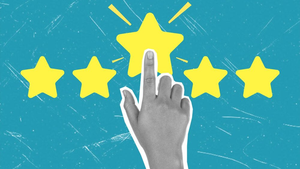 Art collage, customer experience concept. Woman's hand shows five stars. Excellent score on blue background, copy space