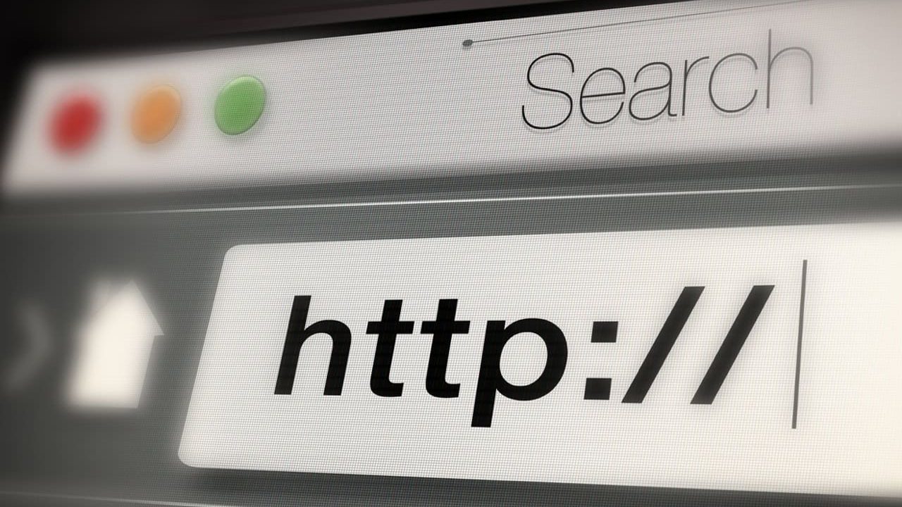 Closeup, web and url of search bar on computer screen for information, worldwide surfing and server. Homepage, html and webpage address for browsing, research download and online portal on internet