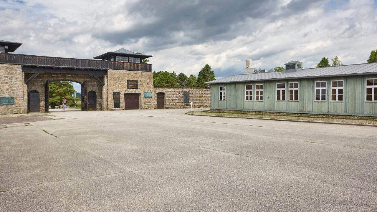 Mauthausen memorial concentration camp. Barracks, roll call square, entrance. Austria