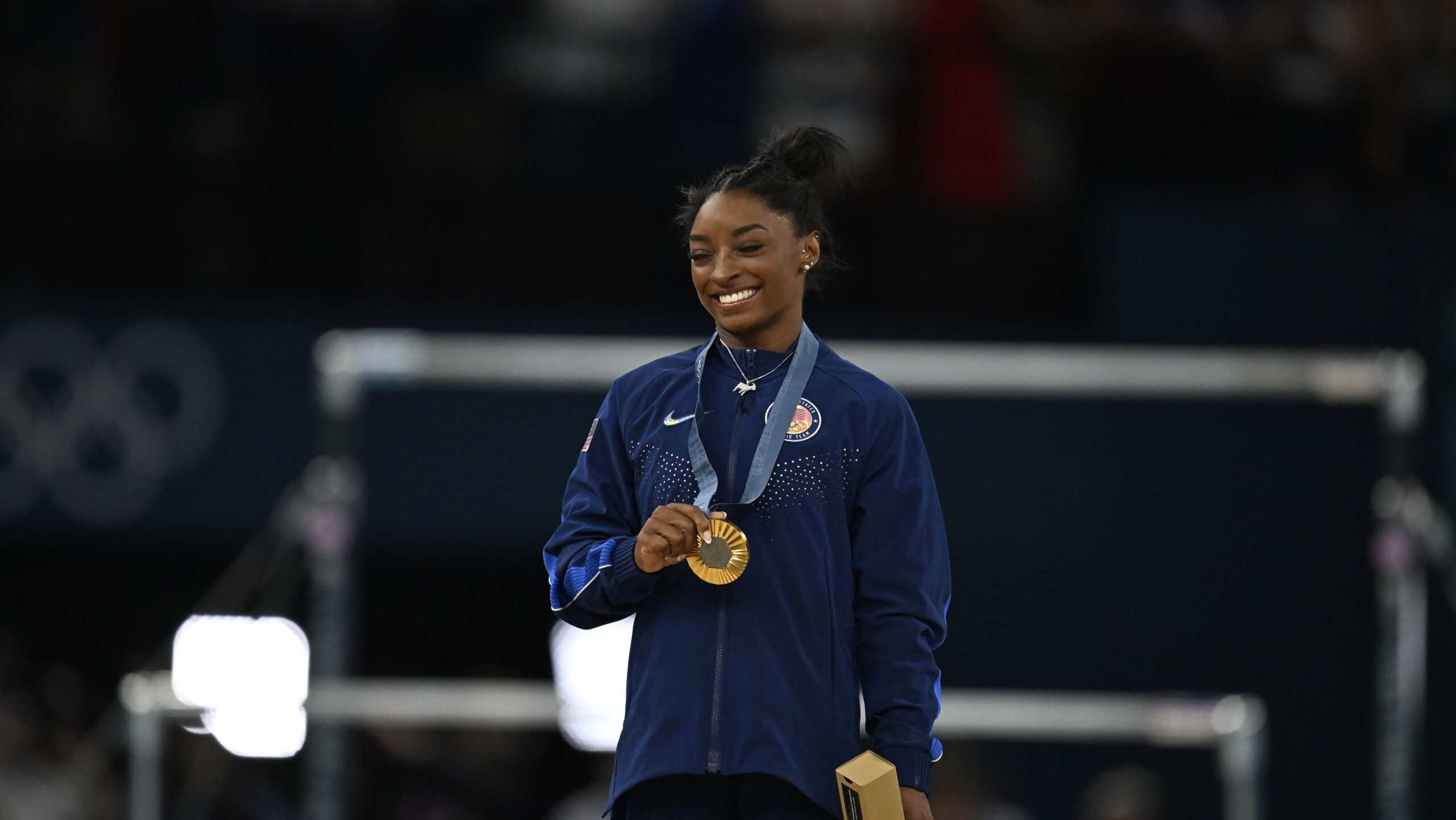 Paris-France, July 28, 2024, Paris 2024 Olympic Games, US Olympic gymnast Simone Biles performs with the US gymnastics team at the Paris