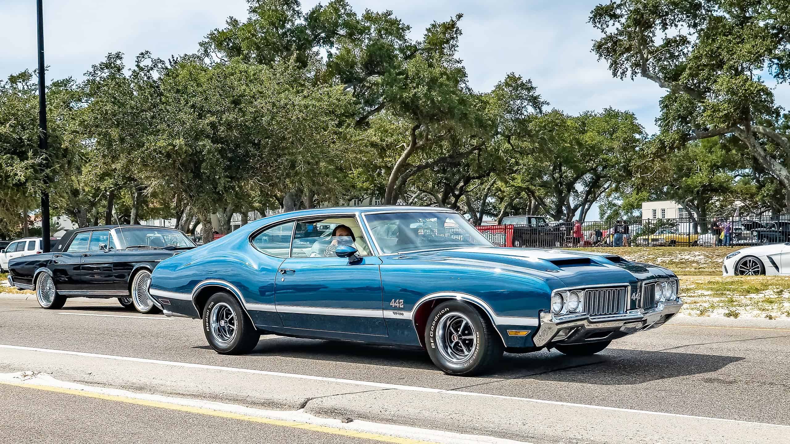 Gulfport, MS - October 07, 2023: Wide angle front corner view of a 1970 Oldsmobile 442 W-30 Hardtop Coupe at a local car show.