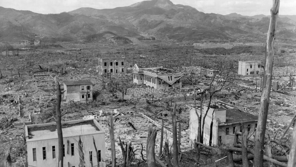 Ruins of Nagasaki, Japan, after atomic bombing of August 9, 1945. As seen from a hillside opposite the Nagasaki Hospital in October 1945.